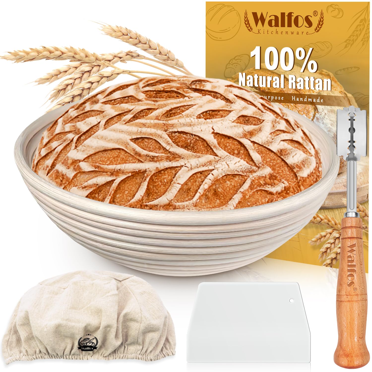 Walfos 9 Inch Round Banneton Proofing Basket Set - Natural Rattan Sourdough Bread Basket for Home & Professional Baking - Includes Handcrafted Bread Lame, Dough Scraper & Linen Cloth Liner - Perfect for Artisan Bread Making & Bakery Use