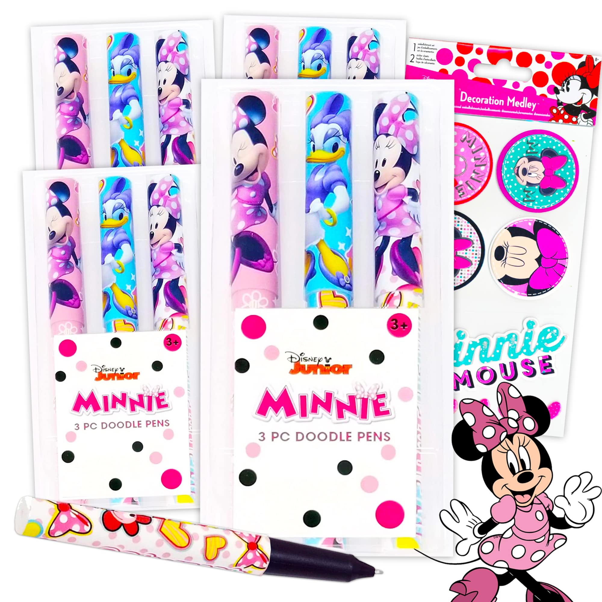 Disney Minnie Mouse Pens 12-Pack with Stickers - Cute Writing Pens for Women, Kids & Adults | Perfect for Office, School Supplies & Party Favors | Great Gift Idea for Disney Fans