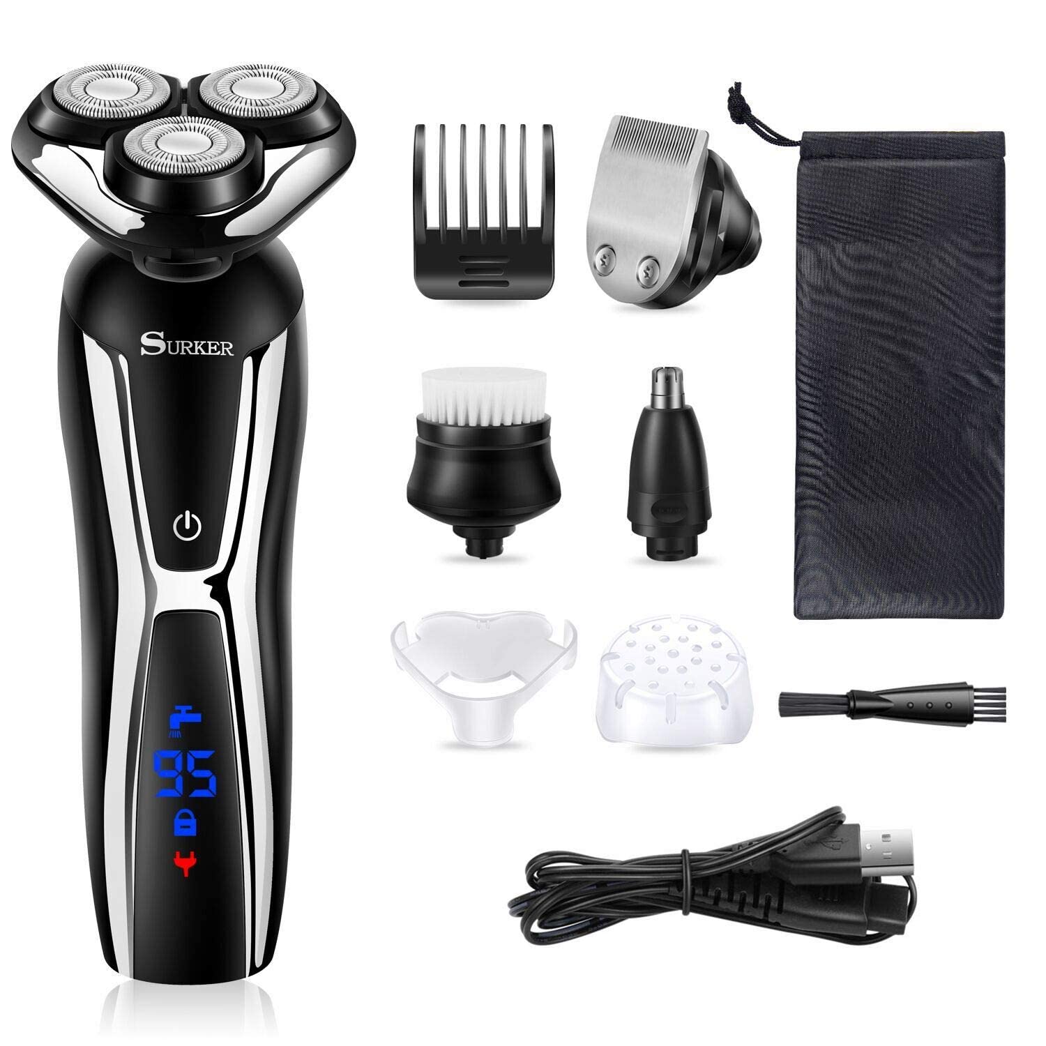 SURKER 3-in-1 Cordless Electric Shaver for Men - Waterproof Beard Trimmer, Nose Hair Trimmer & Facial Cleansing Brush Kit with USB Rechargeable (Dry/Wet Use) - Perfect for Travel, Gym & Daily Grooming Routine