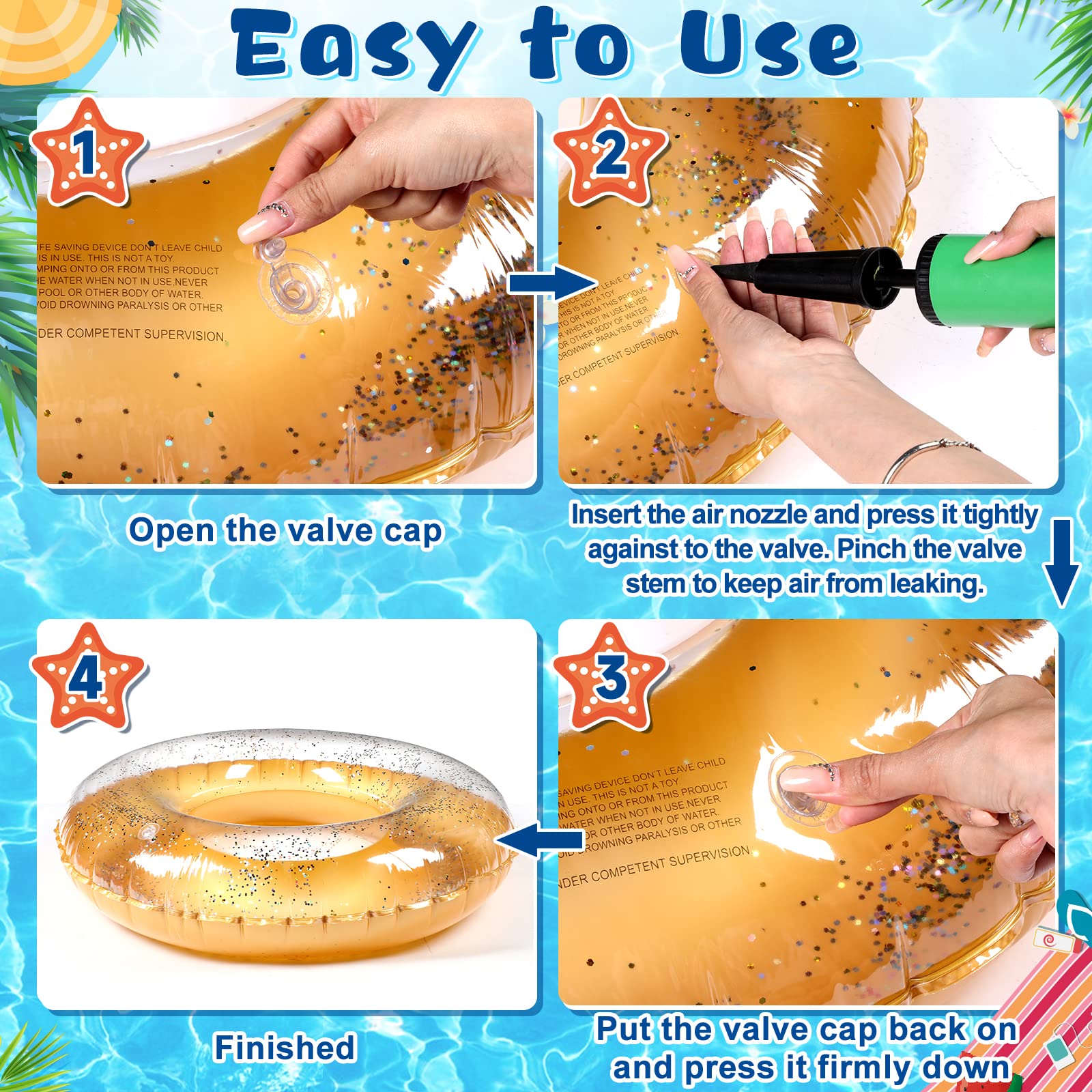 8-Piece Transparent Glitter Inflatable Pool Float Tubes for Kids - Swim Rings for Boys & Girls, Summer Beach Party Decorations, Pool & Lake Water Fun Accessories