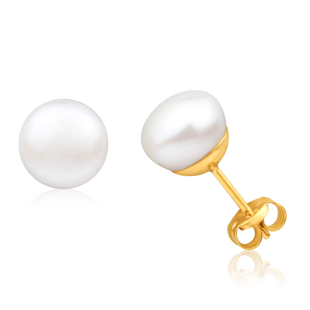 9ct Yellow Gold 8mm White Freshwater Pearl Stud Earrings for Women - Classic Elegant Jewelry Gift for Birthday, Anniversary & Special Occasions