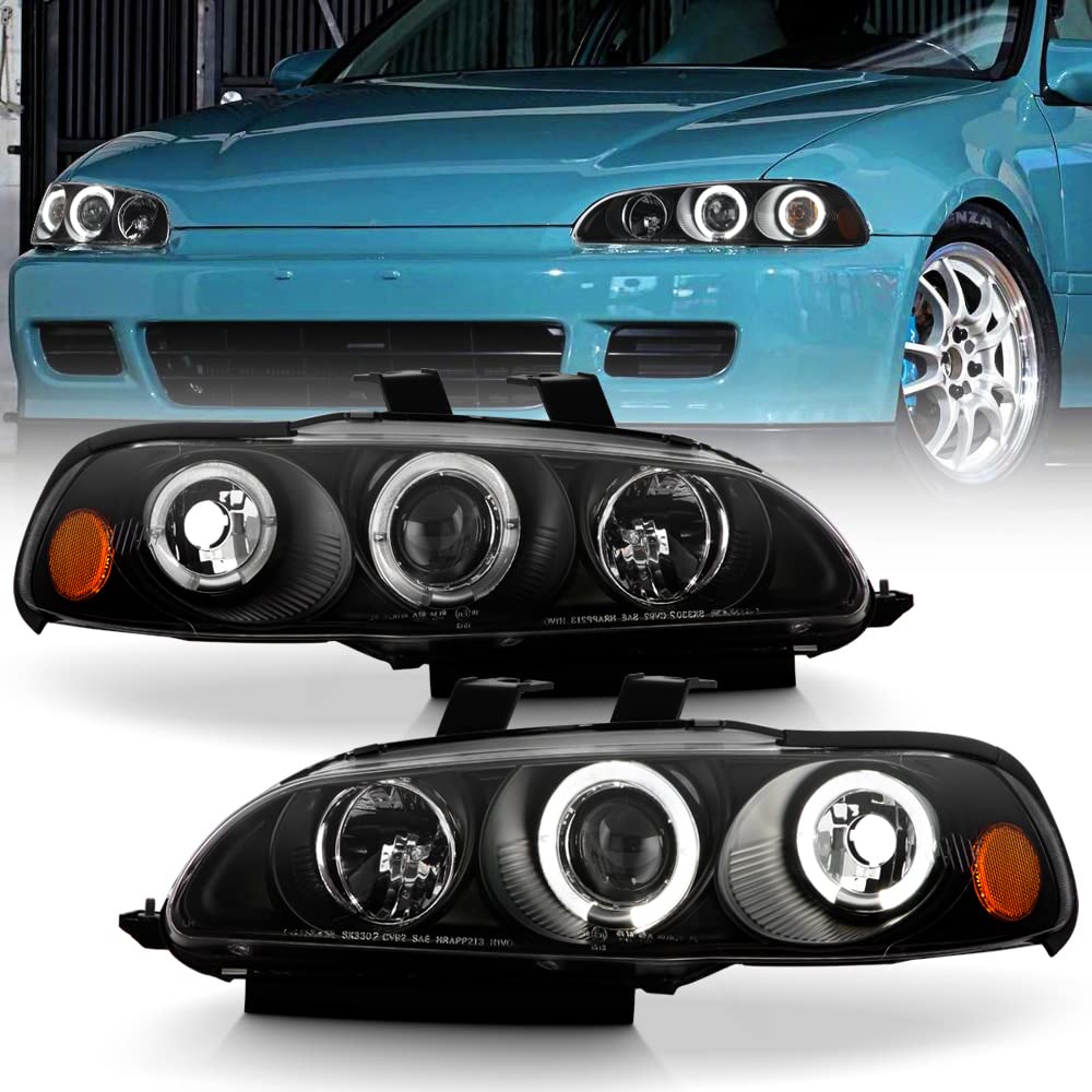ACANII LED Halo Ring Black Projector Headlights for 1992-1995 Honda Civic Coupe & Hatchback - Driver & Passenger Side - Upgrade Your Night Driving Visibility