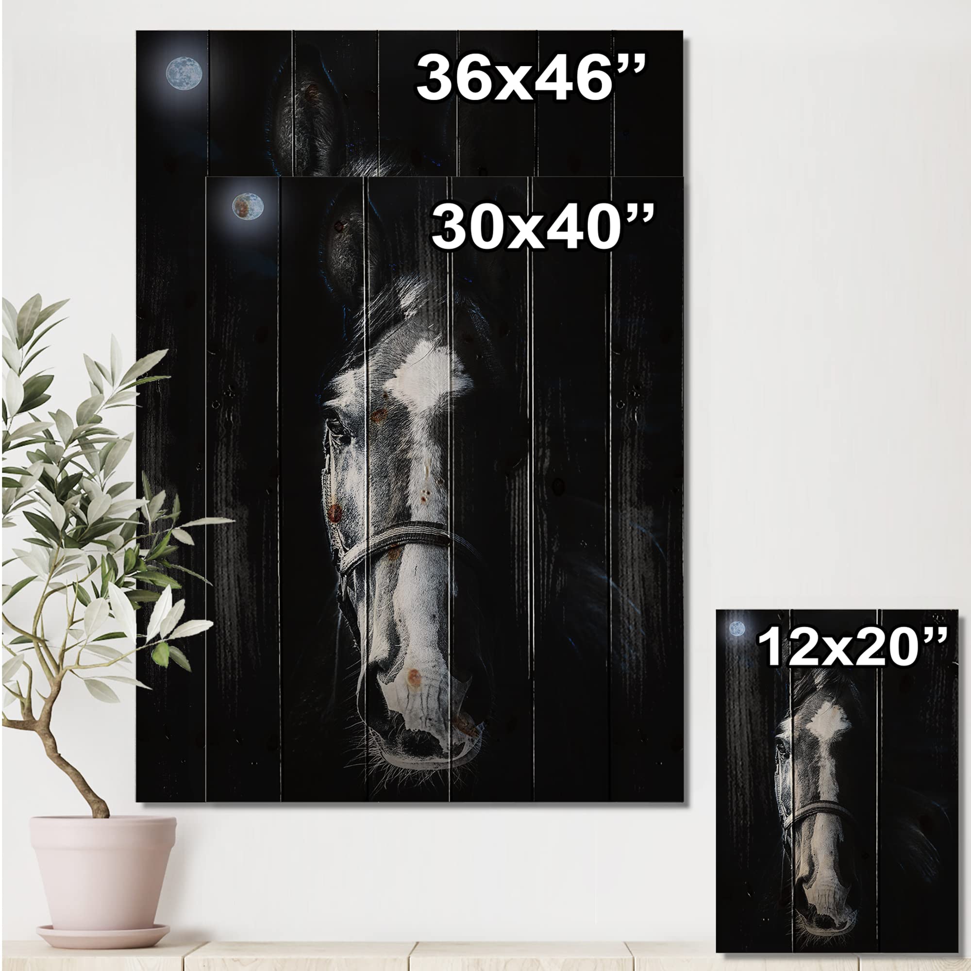 Sinister Farmhouse Horse Staring Wood Wall Decor - Black Large Animal Wall Art Panels Printed on Natural Pine Wood - Perfect for Rustic Home, Cabin & Western Themed Decor