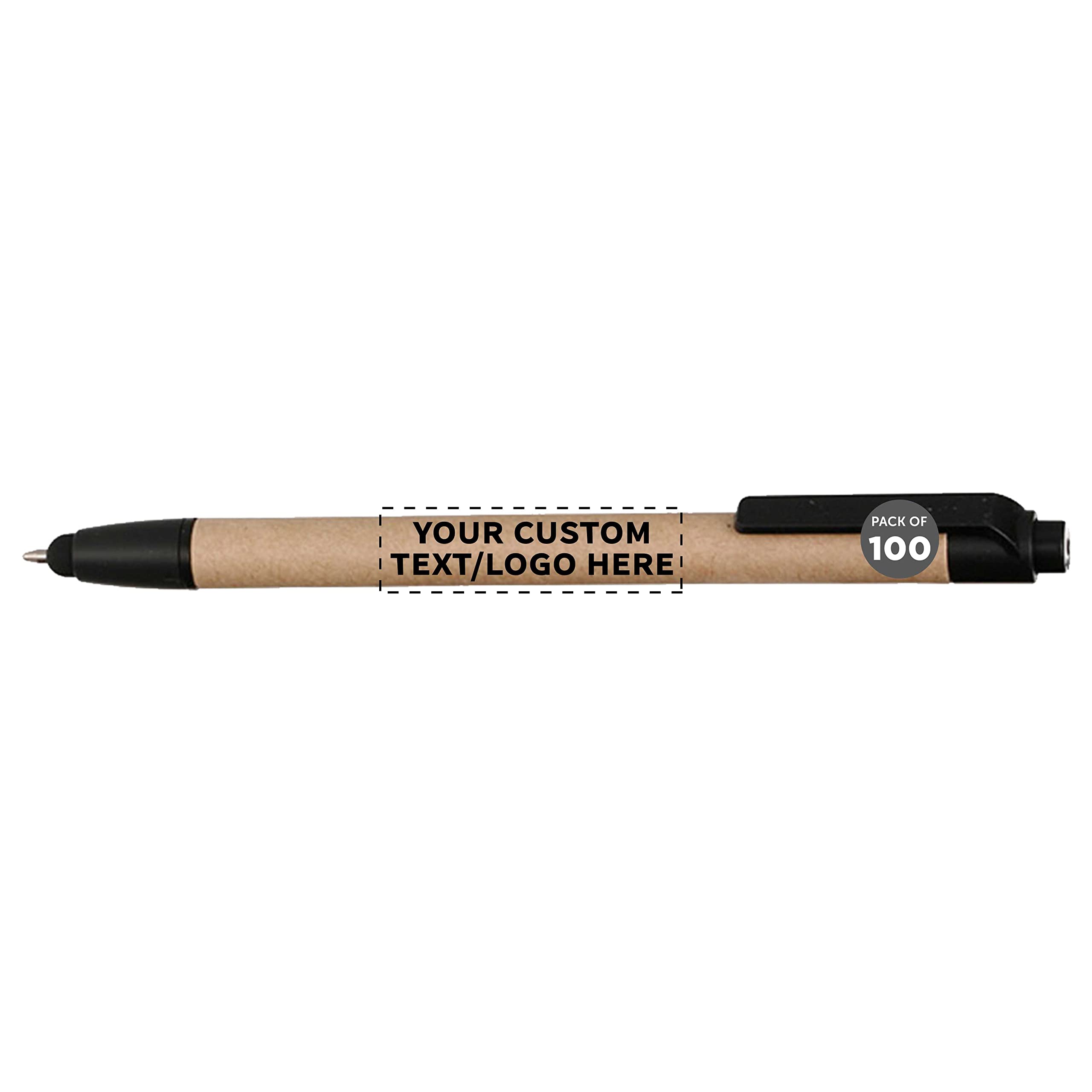 100 Pack Retractable Ballpoint Stylus Pens - Custom Printed with Text/Logo - Eco-Friendly Recycled Black Ink Pens for Office, School, Note-Taking & Digital Devices