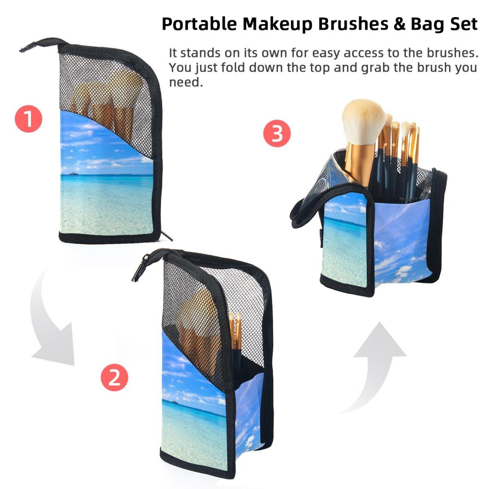 12-Piece Makeup Brush Organizer Bag with Tropical Beach Sky Clouds Design - Portable Waterproof Cosmetic Brush Holder Case for Travel, Home, and Professional Makeup Artists