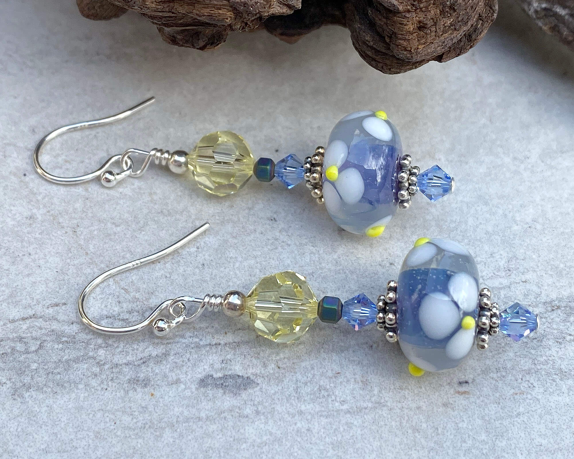 Handmade Blue Floral Crystal Lampwork Earrings for Women - Boho Chic Dangle Earrings for Party, Wedding & Everyday Wear