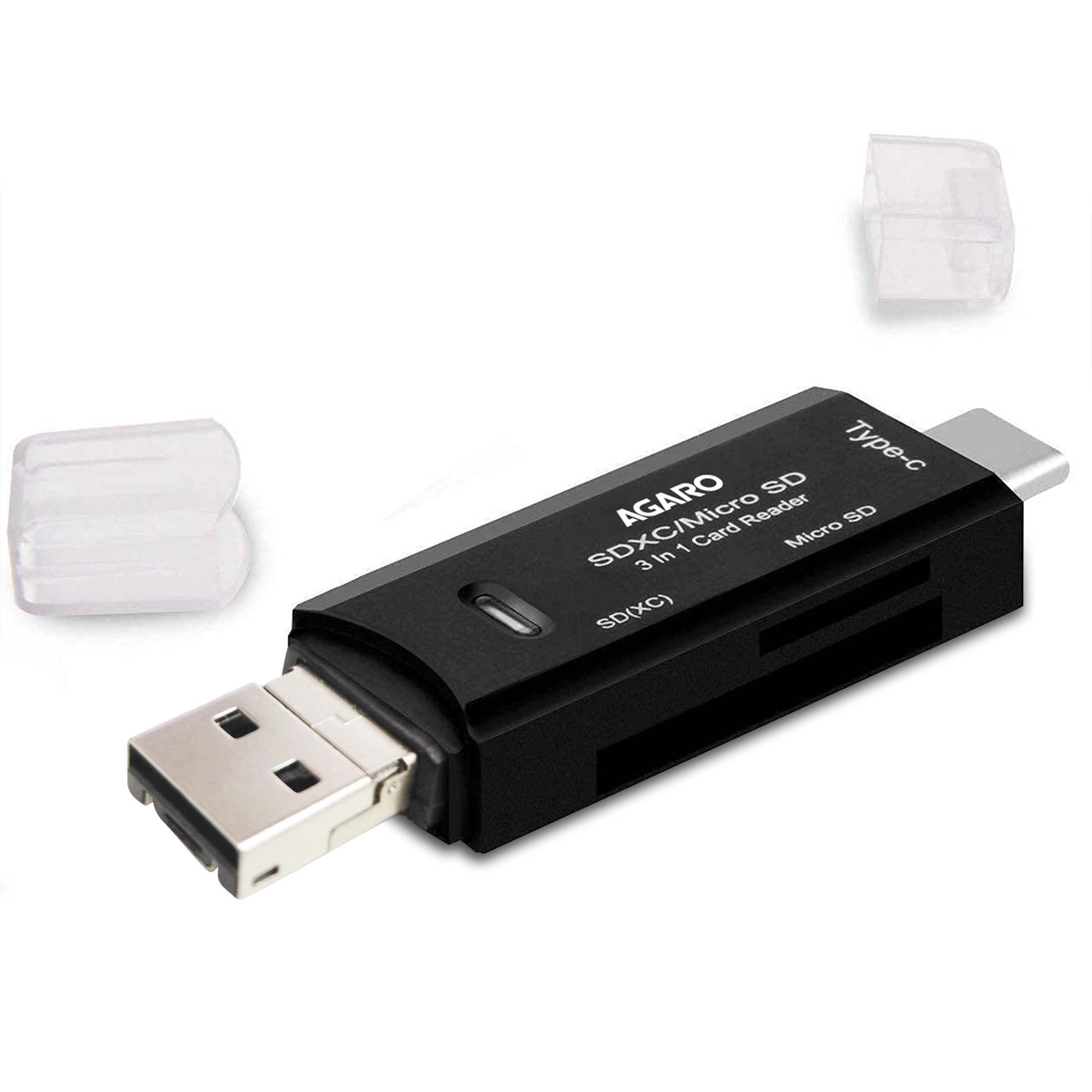 Agaro 3-in-1 USB Card Reader - Micro SD/TF/Compact Flash Memory Card Adapter with USB Type C & Micro USB for Smartphones, Laptops, Tablets & PCs | Perfect for Photo Transfer, Data Backup & Mobile Storage Expansion