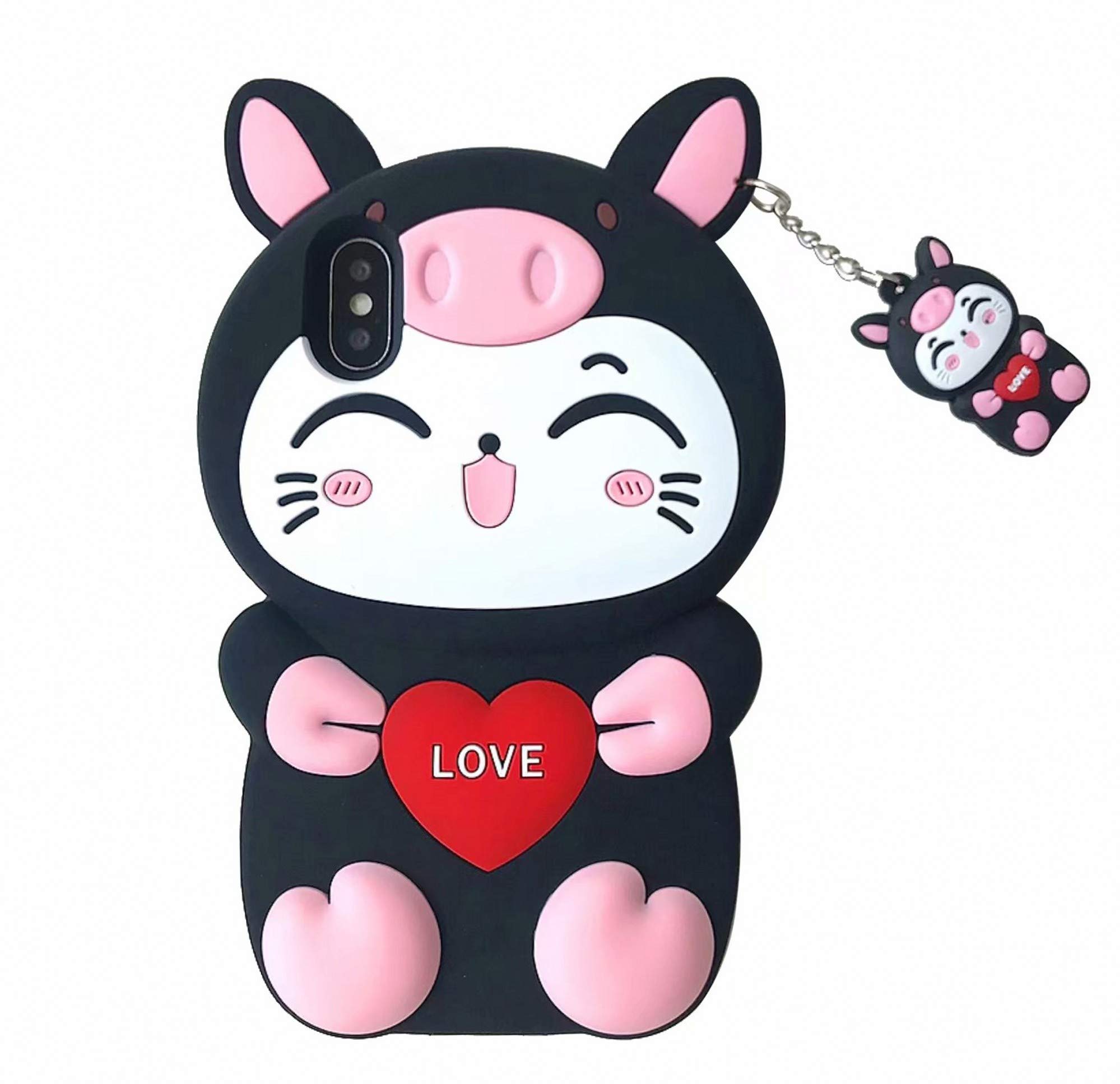 3D Cartoon Pig Cat iPhone 6/6s Case - Cute Soft Silicone Kawaii Animal Character Phone Cover for Kids, Boys & Girls (Black) - Perfect for School, Play & Everyday Protection