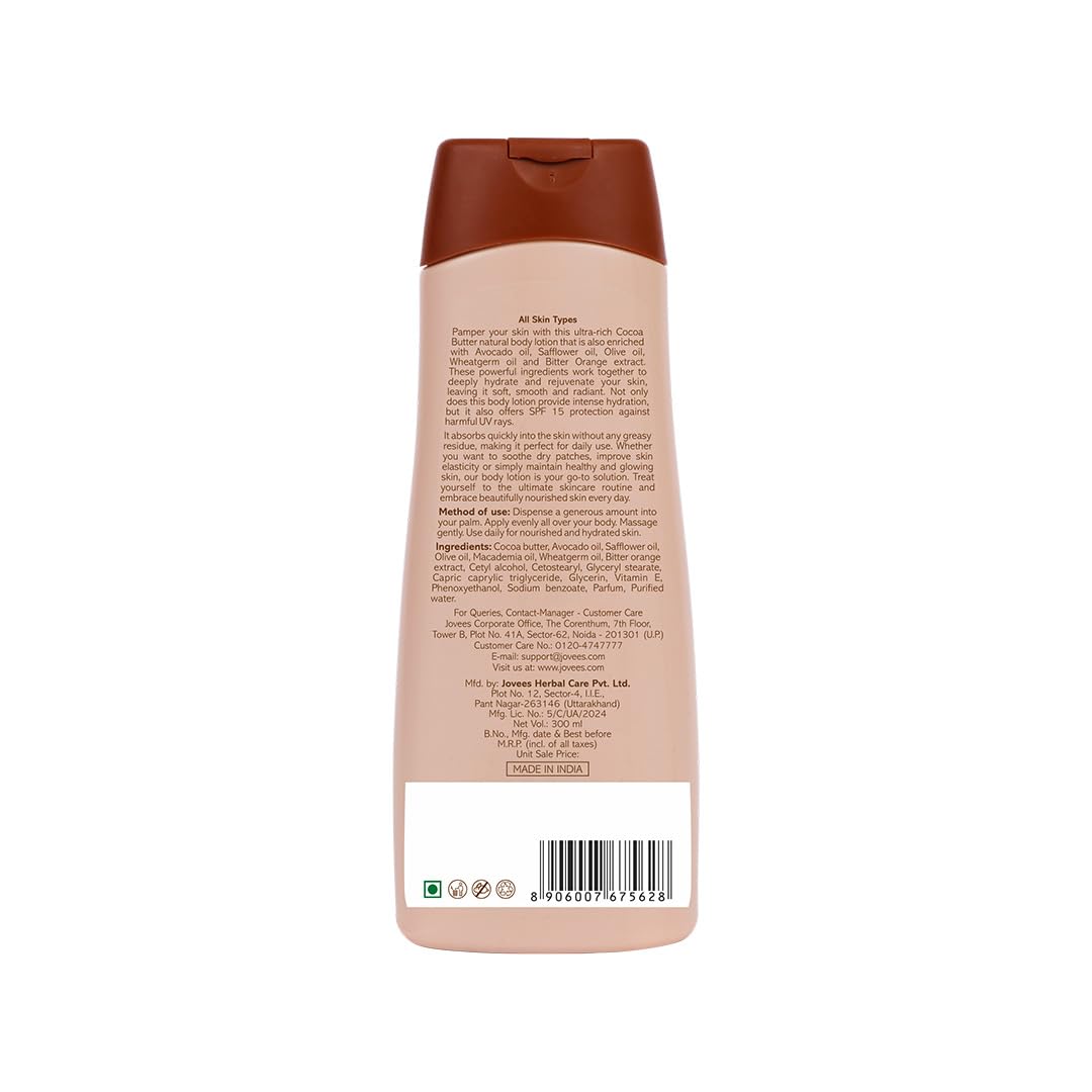 Jovees Cocoa Butter Body Lotion 300ml - Deep Moisturizing, Non-Sticky Formula for Very Dry Skin | Winter Skin Care with Cocoa Butter for Smooth & Healthy Skin | Perfect for Daily Hydration & Cold Weather Protection