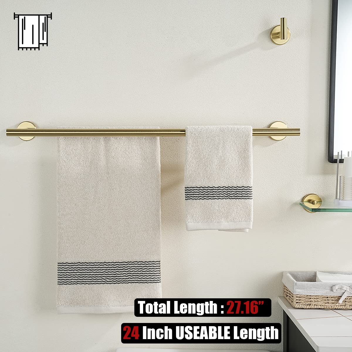 24 Inch Brass Gold Bath Towel Rack - JQK Double Towel Bar for Bathroom, 304 Stainless Steel Thickened 0.8mm Wall Mount Towel Holder in Brushed Gold (27.16 Inch Total Length, Model TB100L24-BG) - Perfect for Spa, Hotel, and Home Bathroom Decor