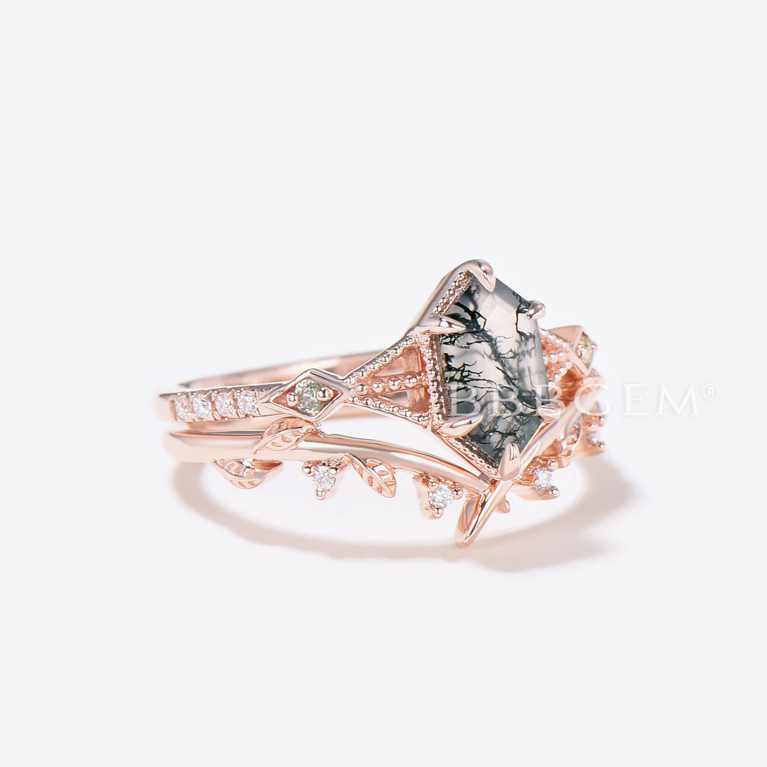 Long Hexagon Cut Moss Agate Ring Set - Rose Gold 3 Stone Engagement Ring for Women | Wedding, Anniversary & Promise Jewelry Gift