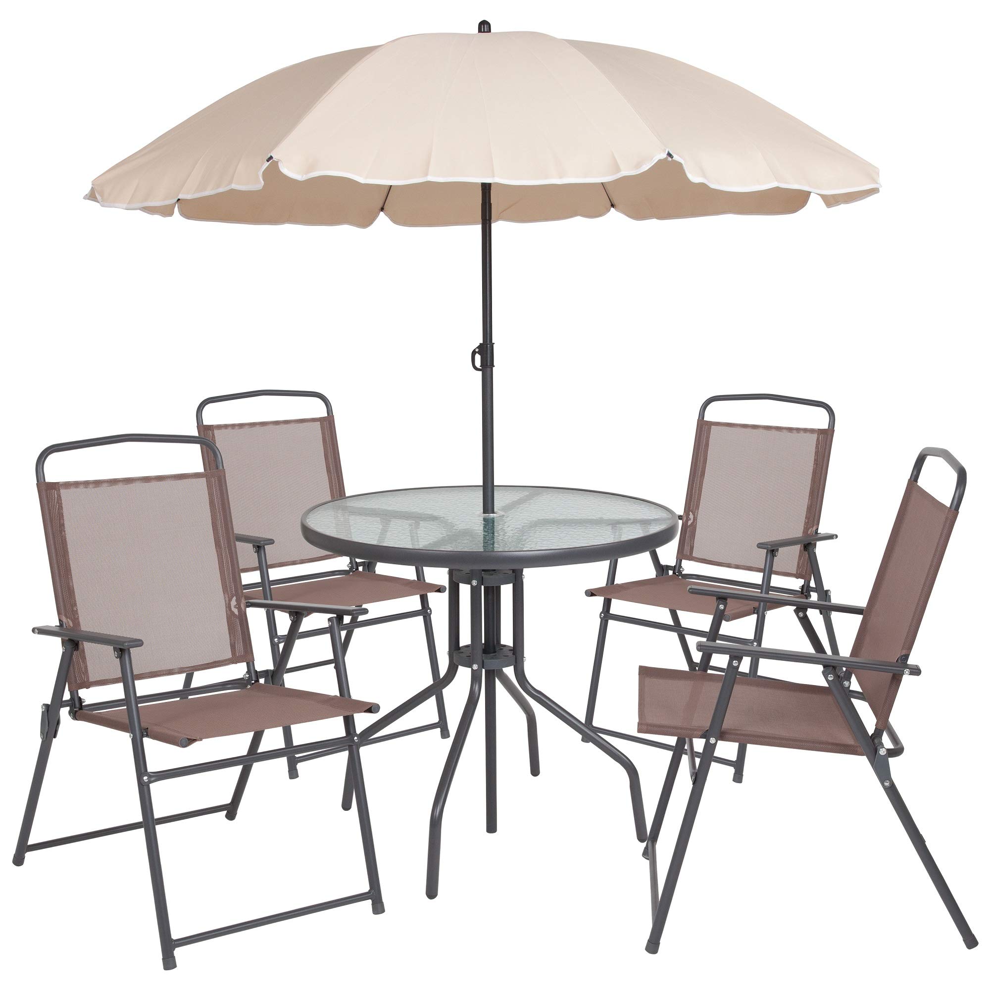 F&F Furniture 6-Piece Brown Patio Dining Set with Folding Chairs, Umbrella & 80