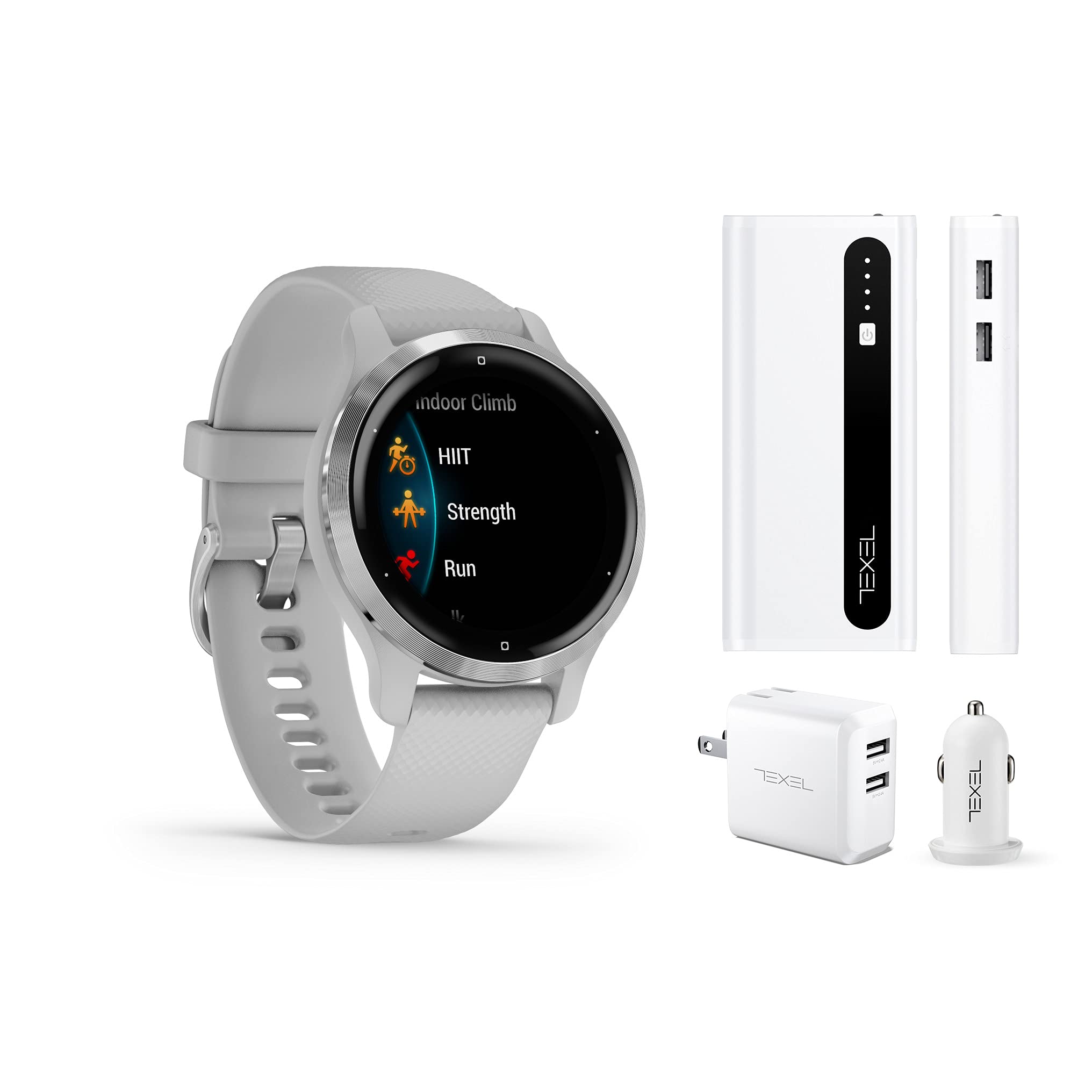 Garmin Venu 2S GPS Smartwatch with Advanced Health Monitoring - Mist Gray with Silver Hardware (010-02429-02) + 10,000mAh Portable Battery Pack & Dual Wall/Car Charger Bundle - Perfect for Fitness Tracking, Outdoor Adventures & Travel Charging