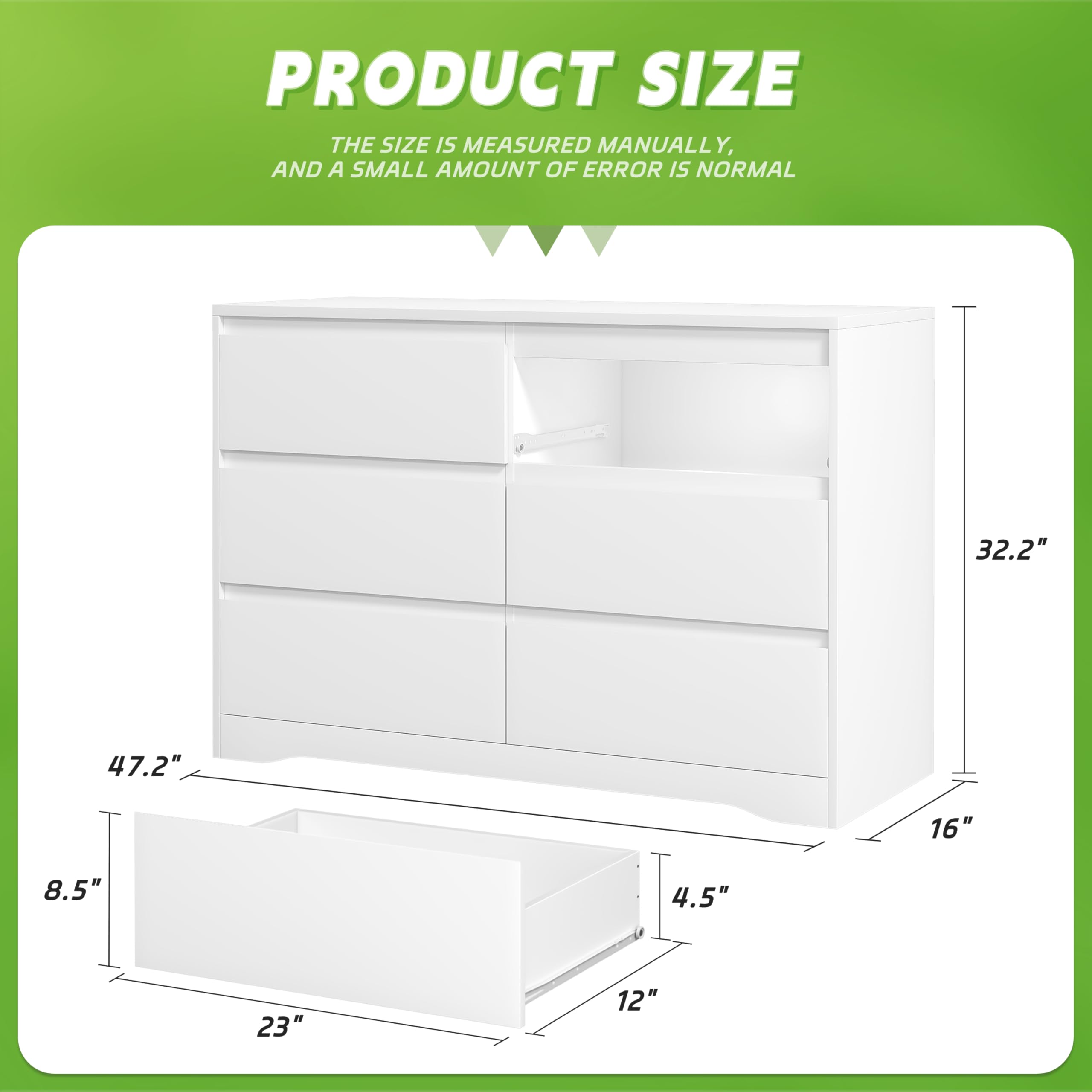 Greenvelly White Dresser with Deep Drawers - Modern 6-Drawer Wooden Chest for Bedroom & Nursery - Spacious Storage Dresser for Women & Family - Perfect for Organizing Clothes, Bedding & Home Decor
