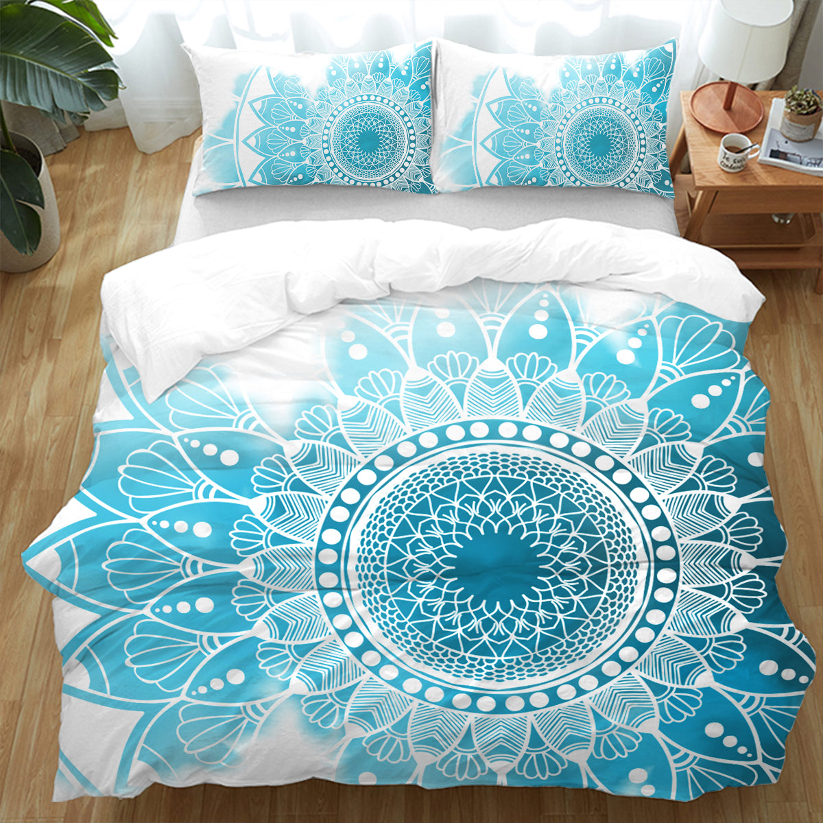 Bohemian Blues Queen Size Bedding Set - 100% Cotton Boho Chic Comforter & Pillowcase - Perfect for Cozy Bedrooms & Bohemian Home Decor
