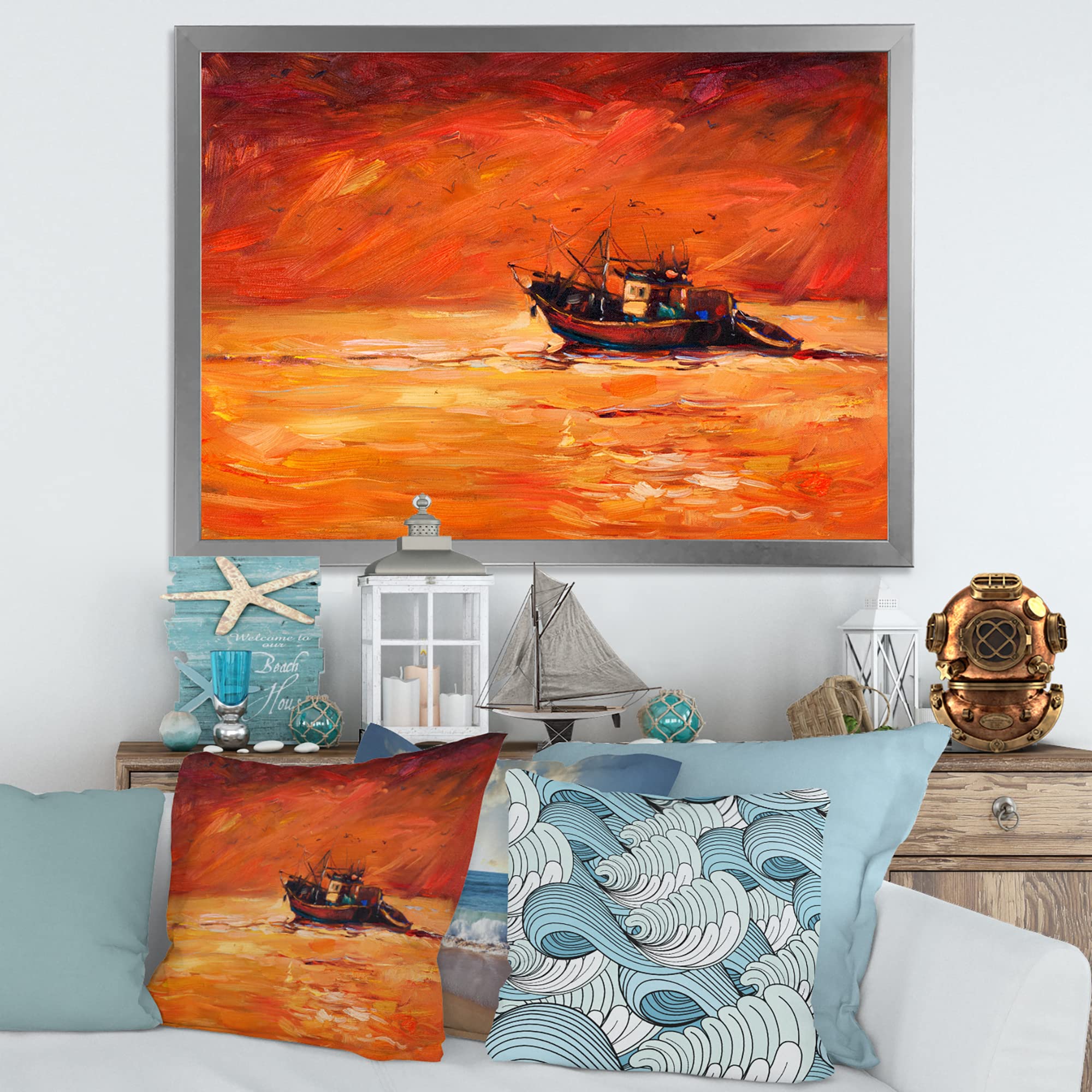 Coastal Framed Wall Art - Fishing Boat at Sunset, Nautical Home Decor for Living Room, Bedroom & Office | Perfect Beach House & Seaside Theme Decoration