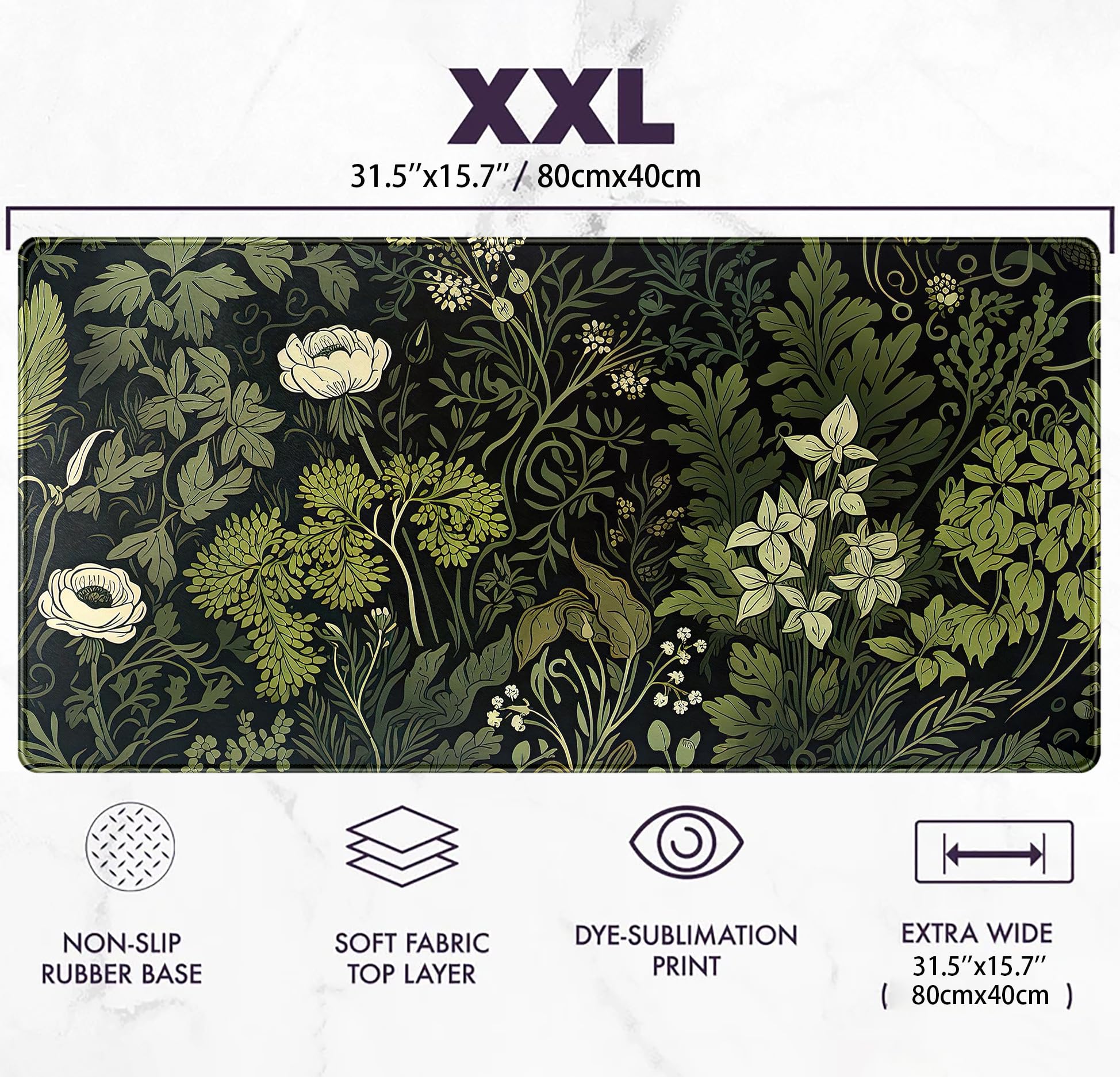 Large XXL Green Leaves Desk Mat - Beige Plants Mouse Pad with Fresh Foliage Design, 31.5x15.75 Inch Extended Keyboard Mat for Laptop & Wireless Mouse - Aesthetic Black Desktop Mat for Office, Home or Gift (Perfect for Women's Workspace & Home Decor)
