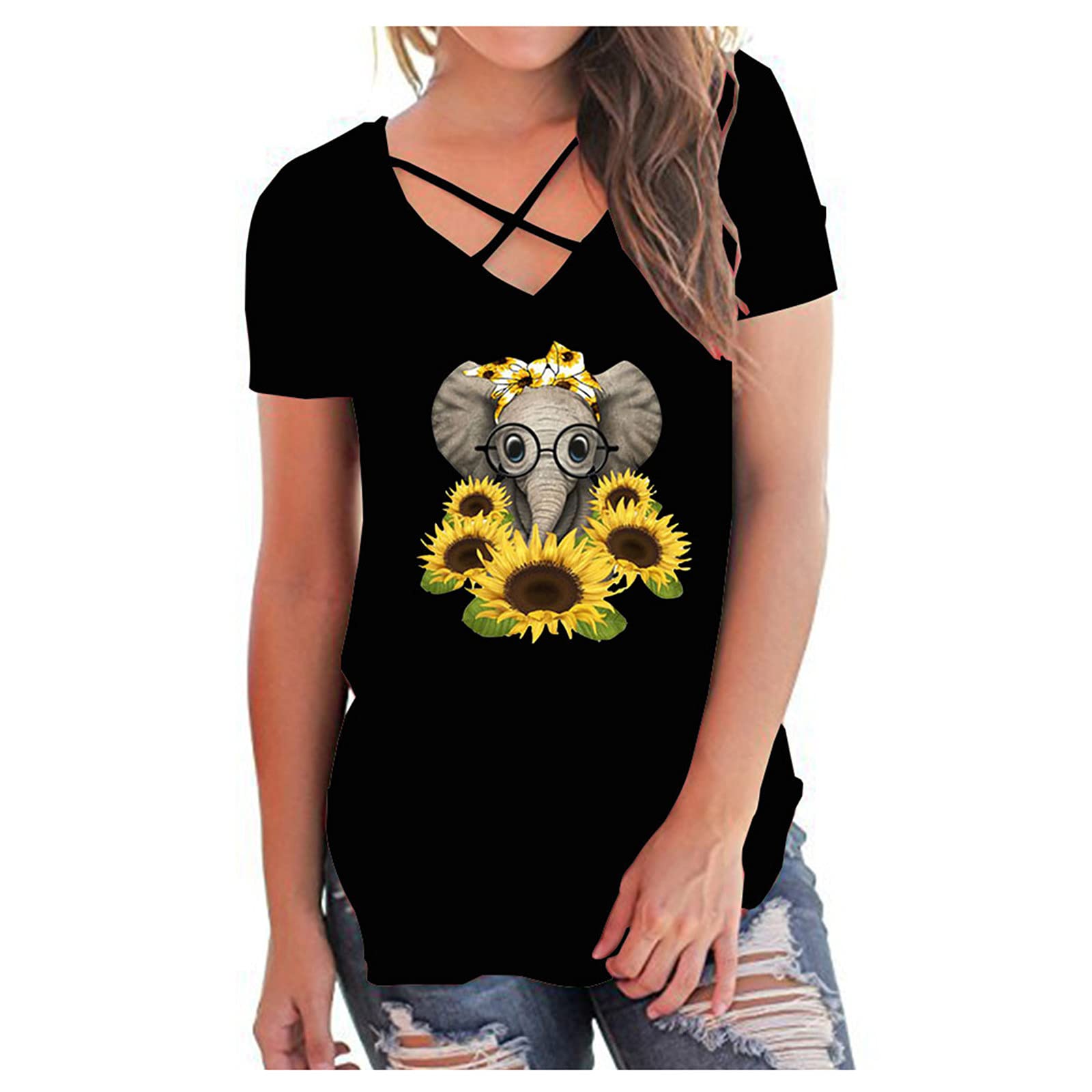 Sunflower Elephant Print V-Neck Short Sleeve T-Shirt for Women - Casual Muscle Tops, Summer Fashion Tee - Perfect for Beach Outings, Date Nights & Weekend Wear