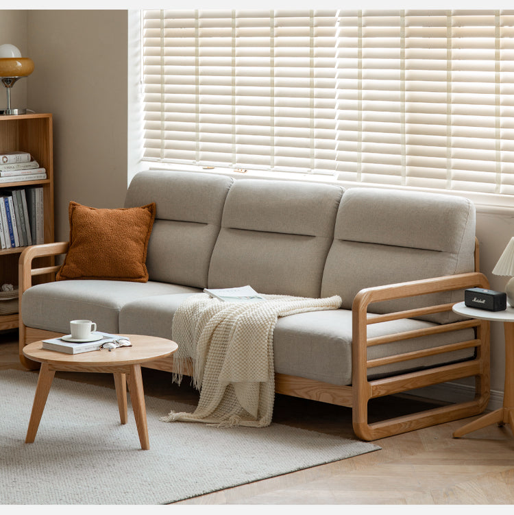 Oak Wood Fabric Sofa with String Style Backrest - Modern Living Room Furniture for Comfortable Home Decor