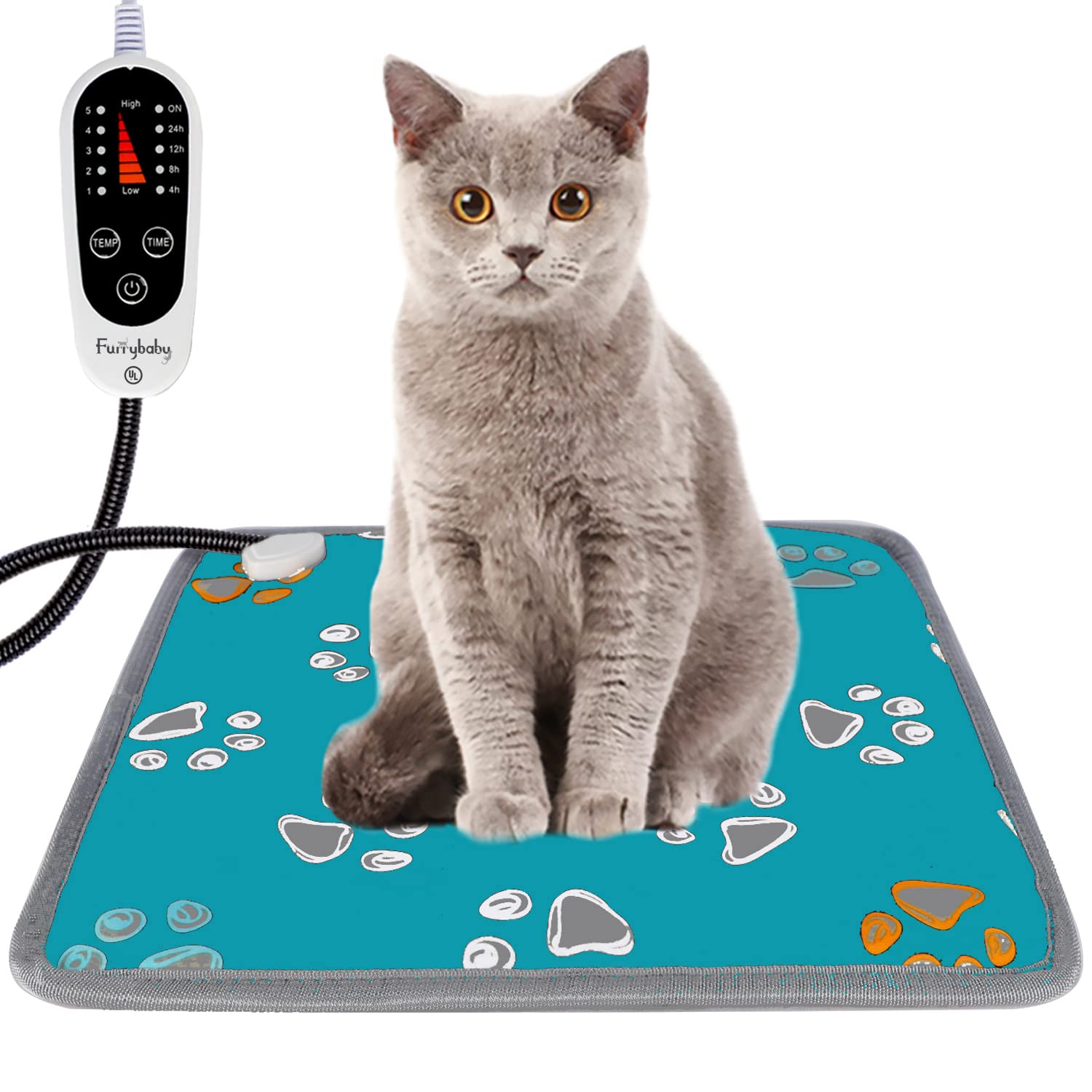 Furrybaby Waterproof Pet Heating Pad - 5-Level Temperature Control & Timer, Durable Anti-Bite Tube - 17x17 Inch Warm Mat for Dogs, Cats, Puppies - Indoor Use for Arthritis Relief & Winter Comfort (Green Paw)