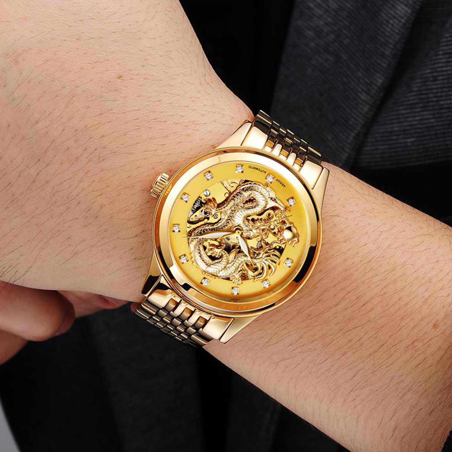 MASTOP Men's Luxury Automatic Mechanical Watch - Dragon Collection with Carved Skeleton Dial, Waterproof, Gold Stainless Steel | Perfect for Business, Formal Events & Gift Giving