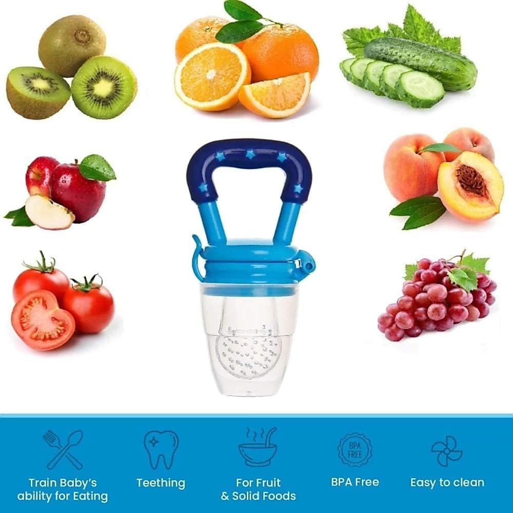 Miracle Moms Silicone Baby Fruit Feeder - BPA Free Teether & Pacifier for Infants 6-12 Months - Safe Nipple Feeder for Newborns (Blue) - Perfect for Soothing Teething Pain & Introducing First Fruits