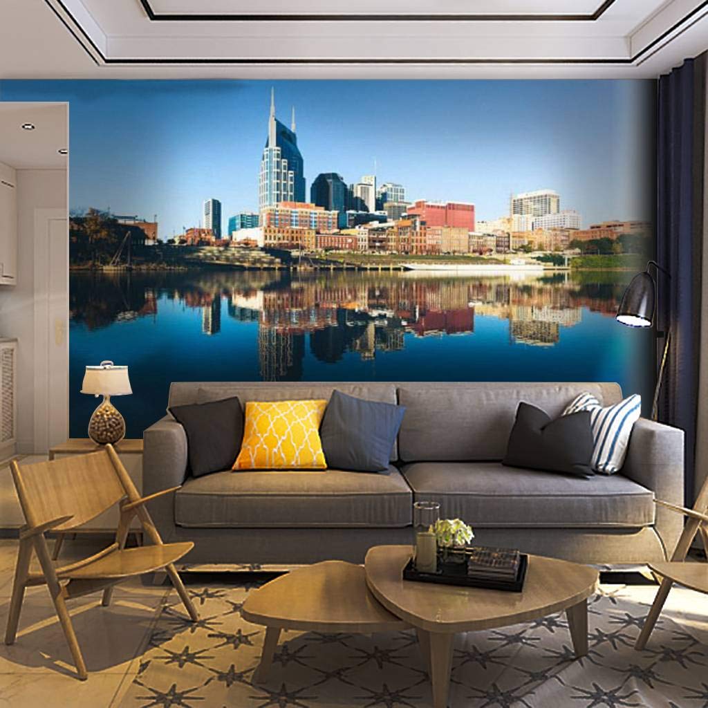 Nashville Skyline Wall Mural - Self-Adhesive Peel & Stick Wallpaper Decor with Cumberland River Reflection - Tennessee Landscape Removable Wall Decal for Living Room, Bedroom & Office
