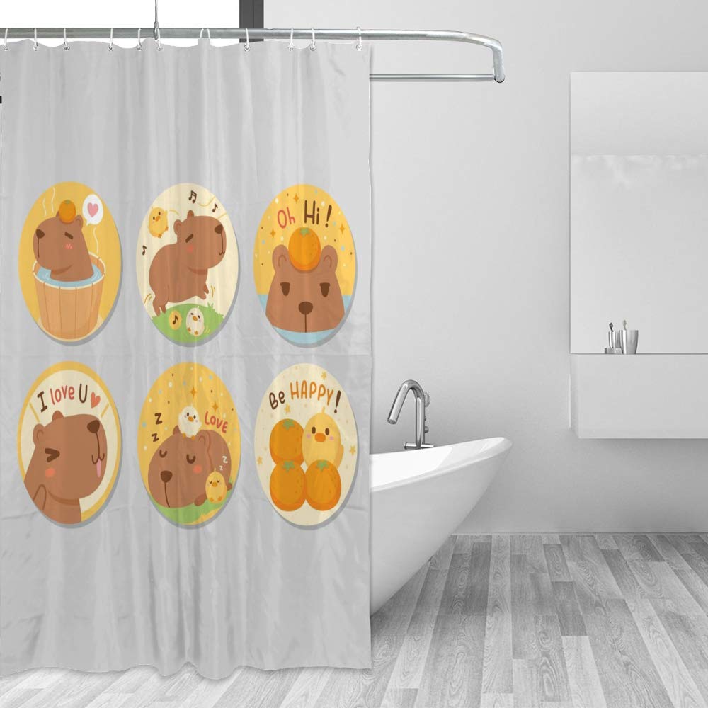 Waterproof Polyester Shower Curtain with 12 Hooks - Cute Happy Capybara Design, 72x72 Inch, Machine Washable & Durable Bathroom Decor for Kids and Adults - Perfect for Modern Bathrooms, Guest Rooms, and Dormitories