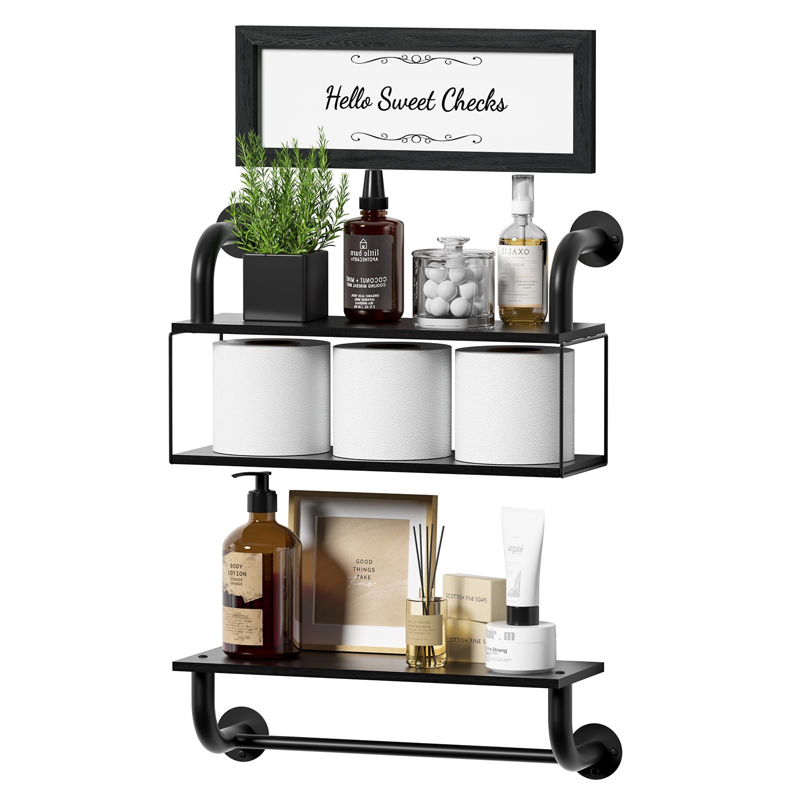 Tinpin Floating Bathroom Shelves Set - Industrial Pipe Wall Mounted Shelf with Towel Bar & Toilet Paper Holder - Rustic Farmhouse Bath Decor for Small Spaces - Perfect for Bathroom Organization & Stylish Storage