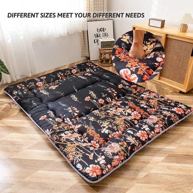 MAXYOYO Floor Mattress - Black Floral Printed Japanese Futon Mattress for Bedroom, Guest Room & Travel | Foldable Floor Sleeping Pad for Adults & Kids