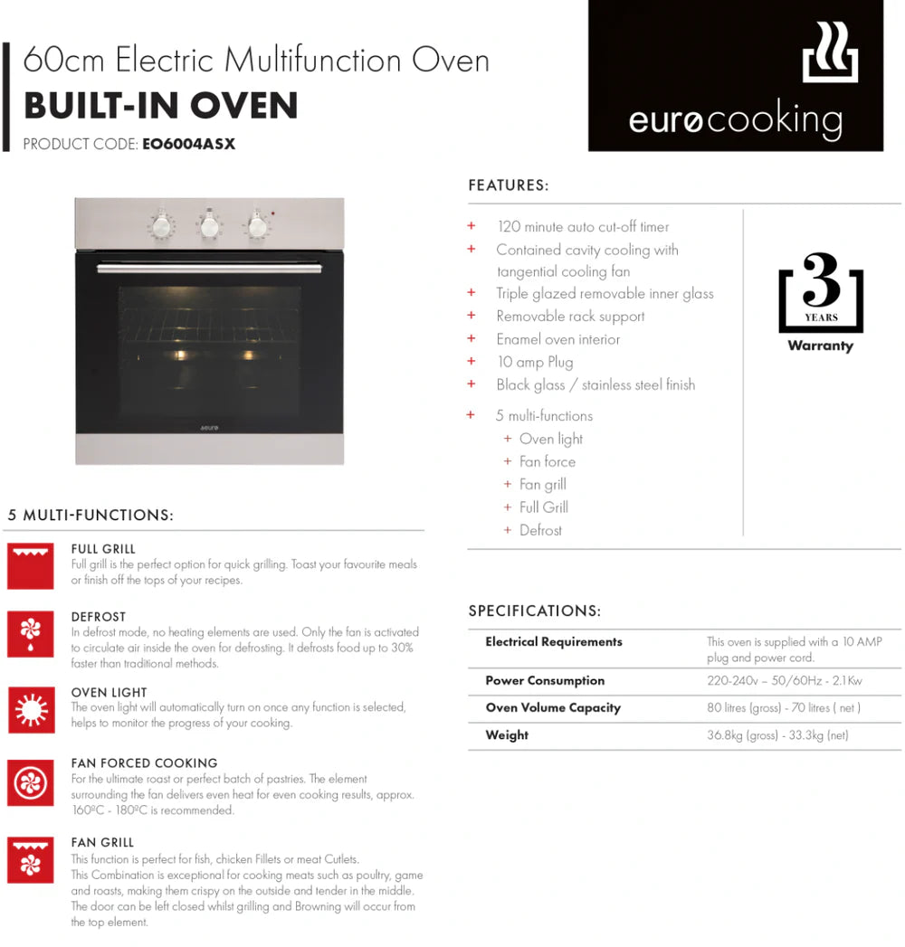 Euro EO6004ASX 60cm Stainless Steel Fan Forced Oven - 3 Years Warranty | Professional Built-in Electric Oven for Baking, Roasting & Cooking | Perfect for Home Kitchens & Restaurants