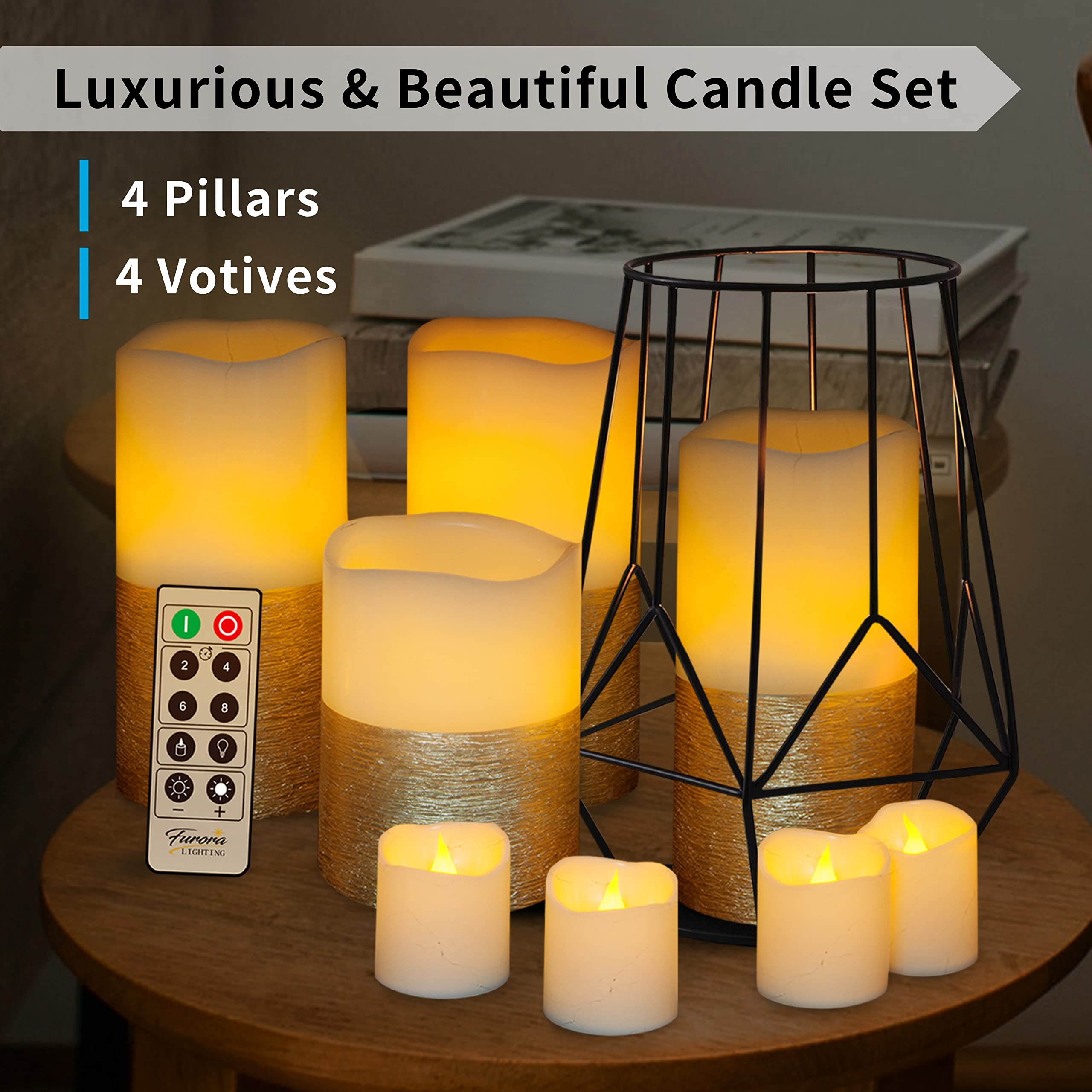 FURORA LIGHTING 8-Pack Gold Real Wax LED Flameless Candles with Remote & Timer - Battery Included - Realistic Flickering Pillar & Votive Candles for Home Decor, Wedding Centerpieces, Romantic Dinner Ambiance & Holiday Lighting