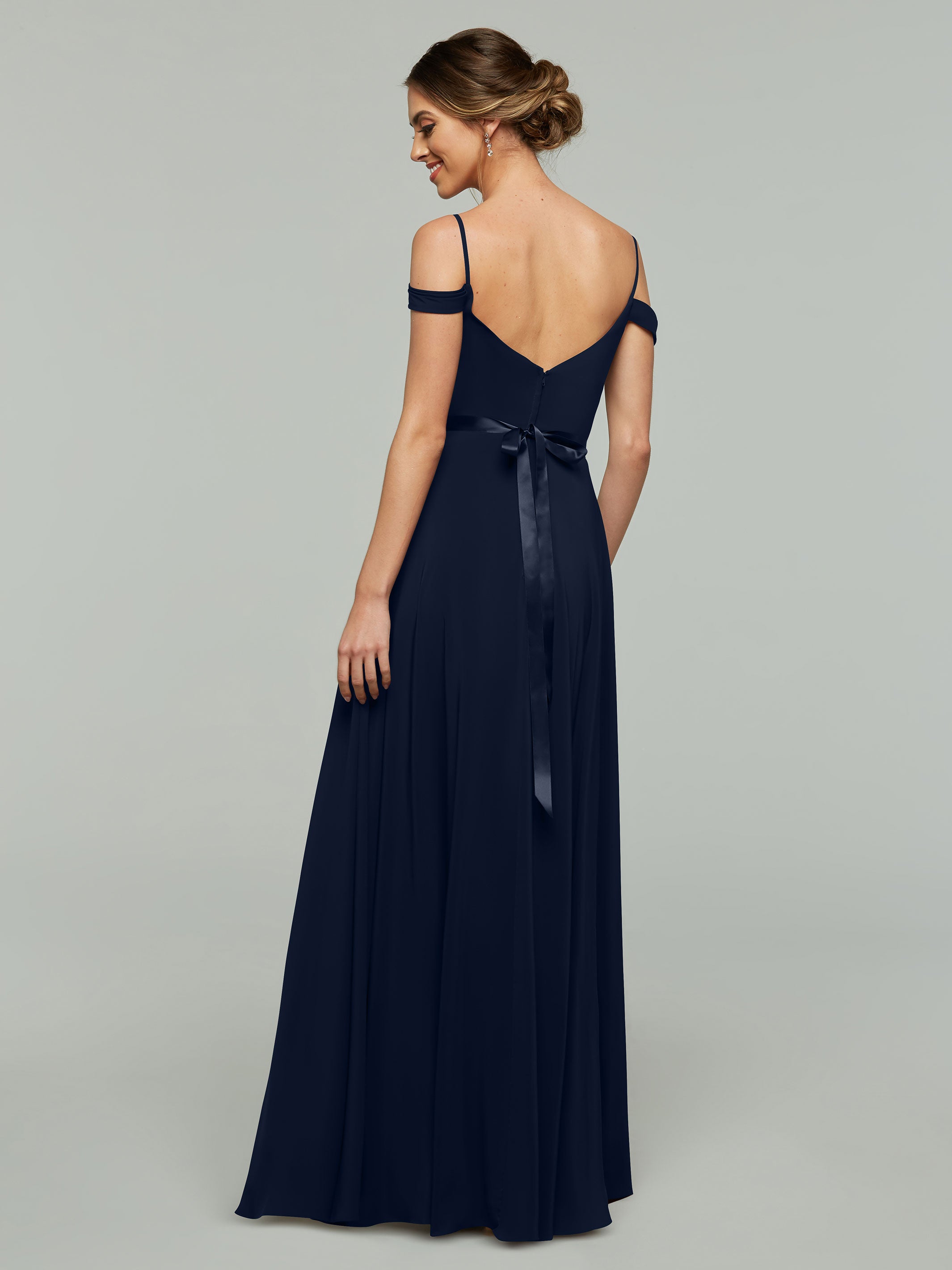Elegant Off-The-Shoulder Stretch Chiffon A-Line Bridesmaid Dress with Sash - Perfect for Weddings, Formal Events & Special Occasions
