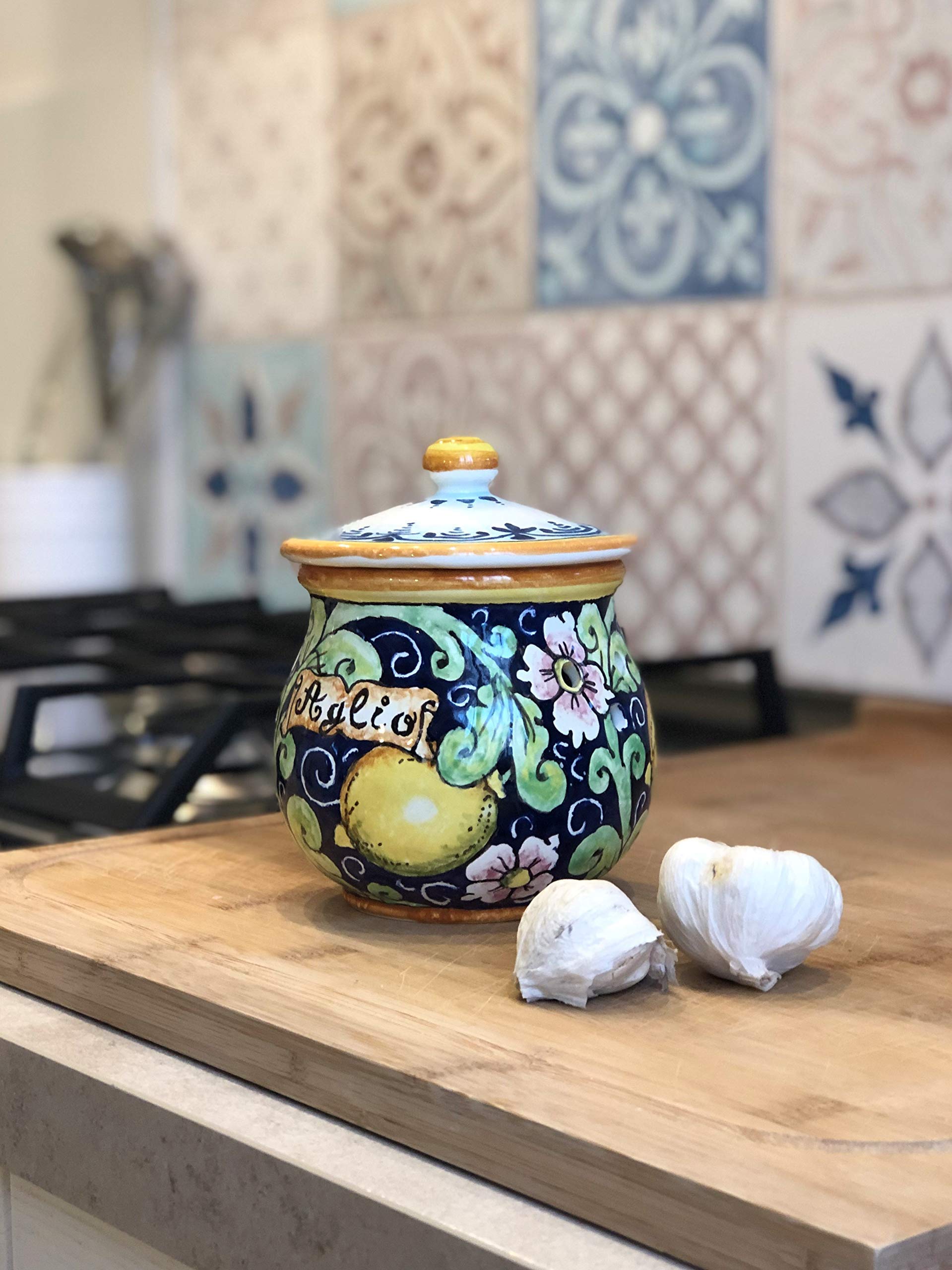Italian Hand-Painted Tuscan Ceramic Garlic Jar Holder - Lemon Decor Art Pottery from Italy | Perfect for Kitchen Decor, Gift Ideas & Mediterranean Style Homes
