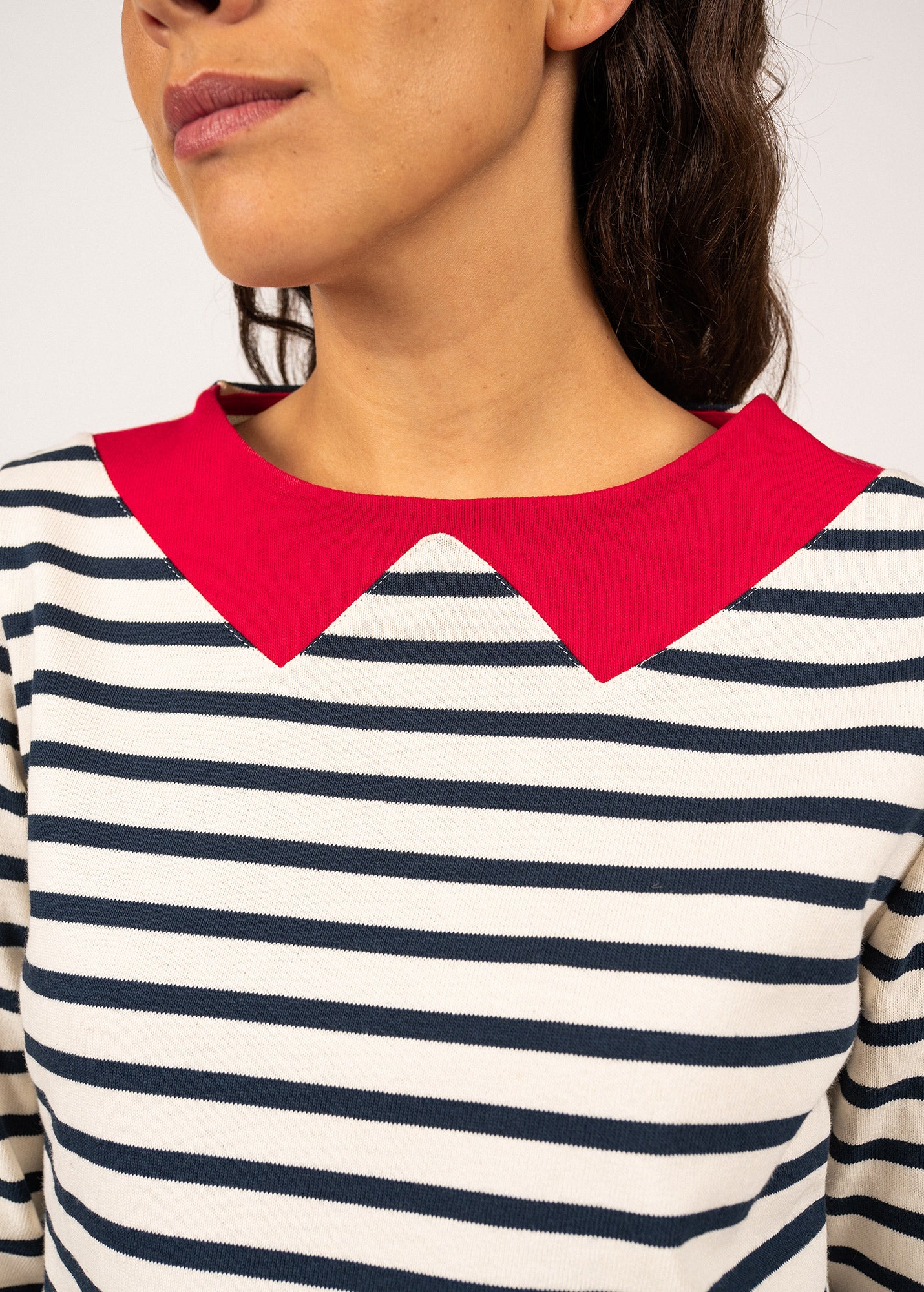 VIRE Women's Breton Striped Collar Shirt - Heavyweight Cotton Long Sleeve Tops (Ecru/Navy/Red) | Casual Wear, Office Outfits & Weekend Style