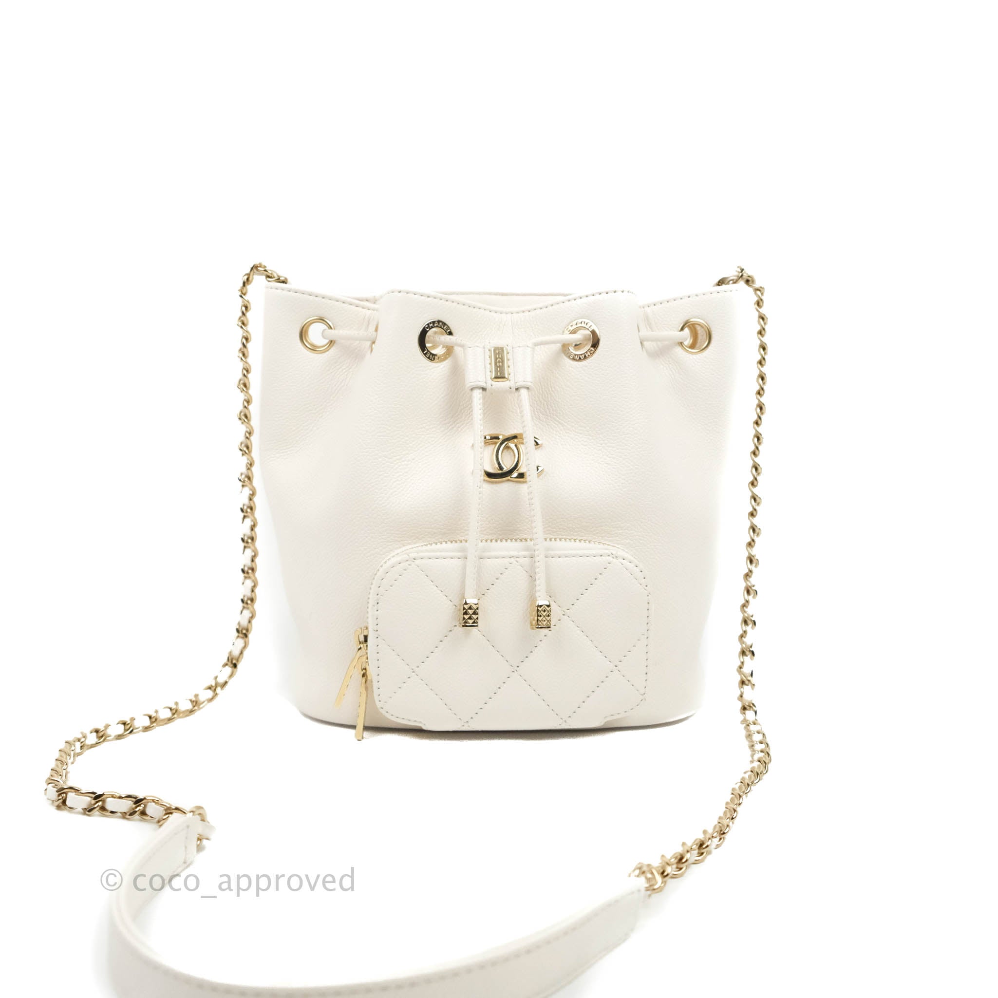 Chanel Business Affinity Drawstring Bucket Bag in White Caviar Leather with Gold Hardware - Perfect for Work, Travel & Everyday Luxury