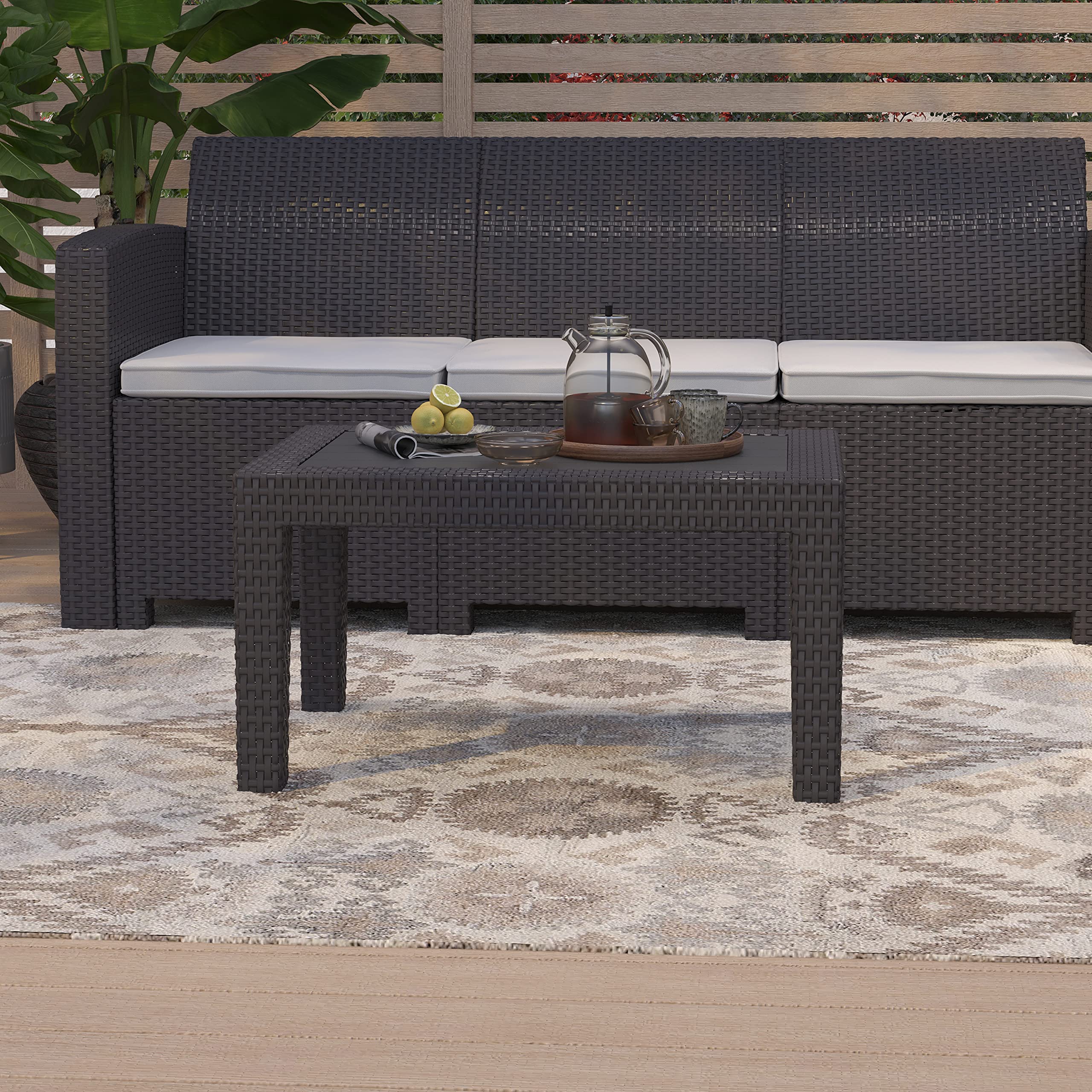 **Merrick Lane Malmok Outdoor Coffee Table - Dark Gray Faux Rattan Wicker with Wood Plank Top - All-Weather Patio Furniture for Garden, Poolside & Backyard Decor**