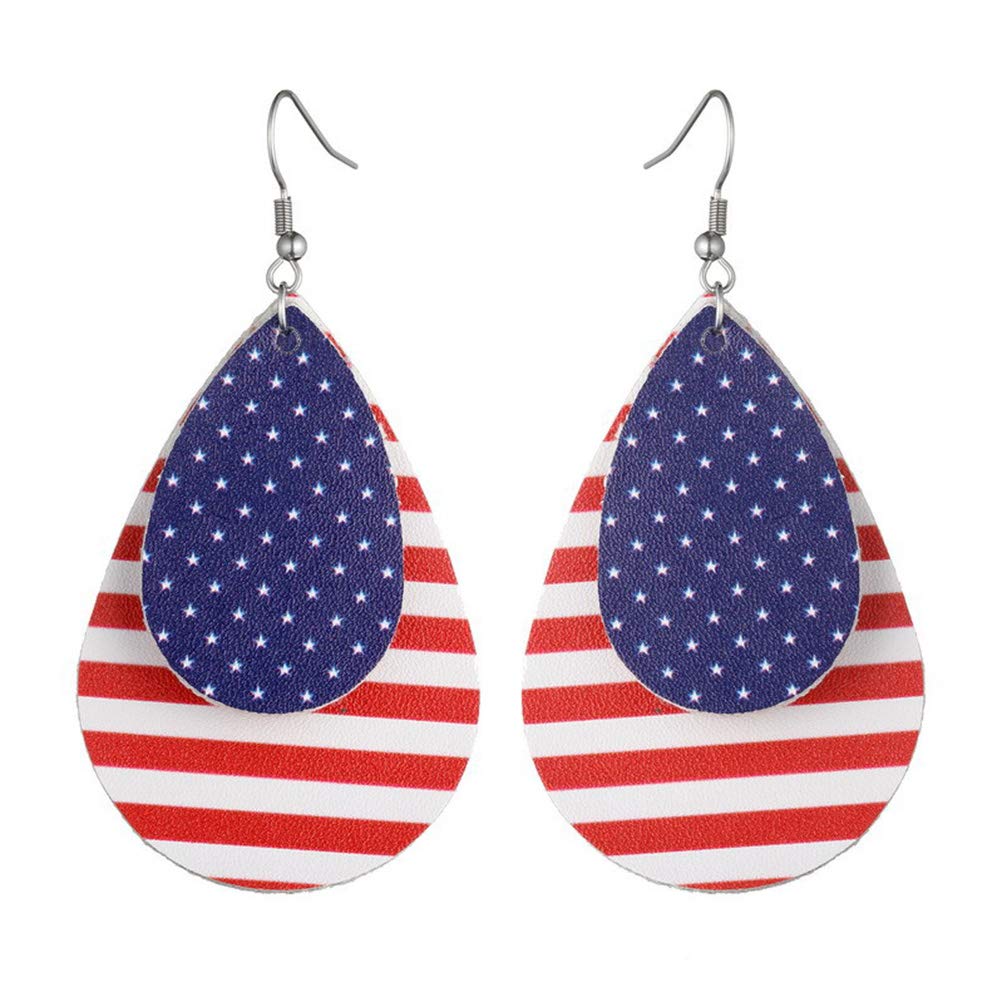 VALICLUD Patriotic American Flag Dangle Earrings - Genuine Leather Hook Jewelry for Women & Girls (4-Piece Set) | Perfect for 4th of July, Memorial Day & Independence Day Celebrations