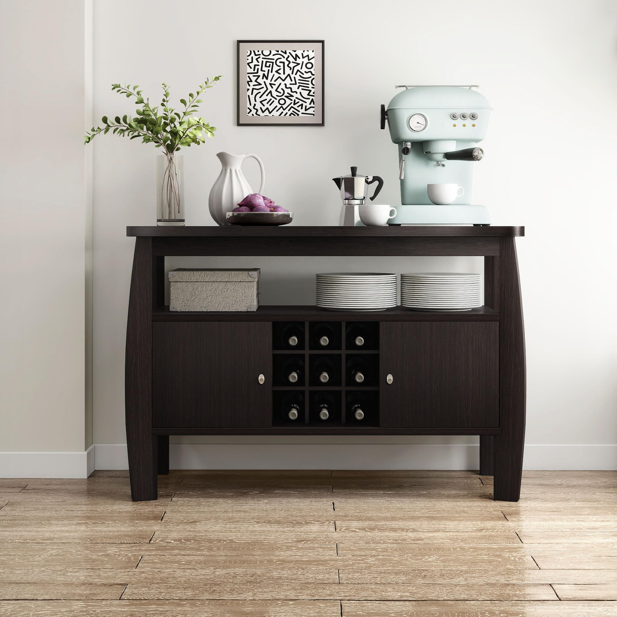 Furniture of America Clyton Modern Kitchen Buffet Storage Cabinet with Doors & Shelves - Wood Sideboard Table, Coffee Bar & 9-Grid Wine Rack for Dining Room, Living Room - Dark Espresso Finish - Perfect for Entertaining, Storage & Home Decor