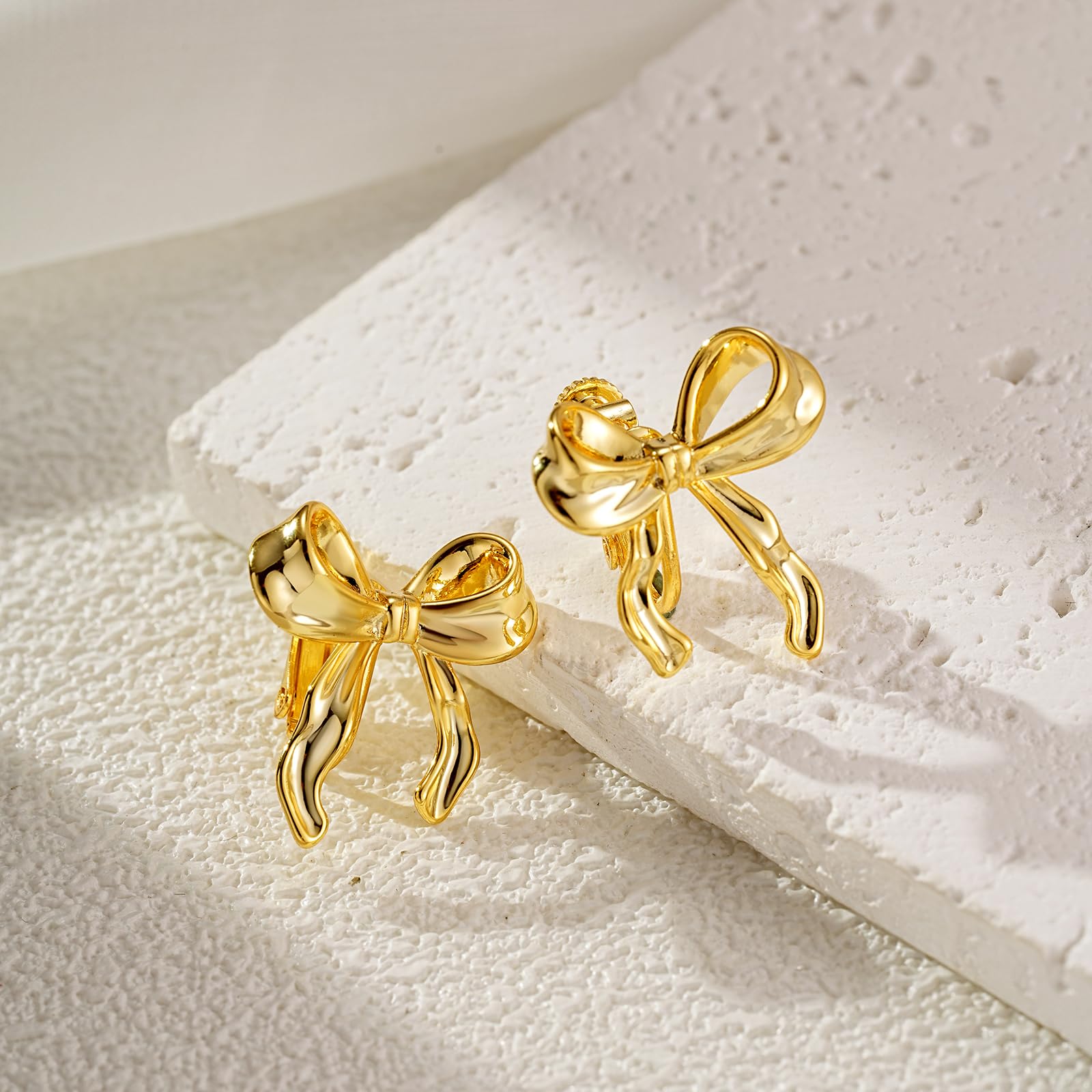 14K Gold Plated Bow Clip On Earrings for Women - Elegant Ribbon Non-Pierced Earrings - Perfect for Weddings, Parties & Special Occasions