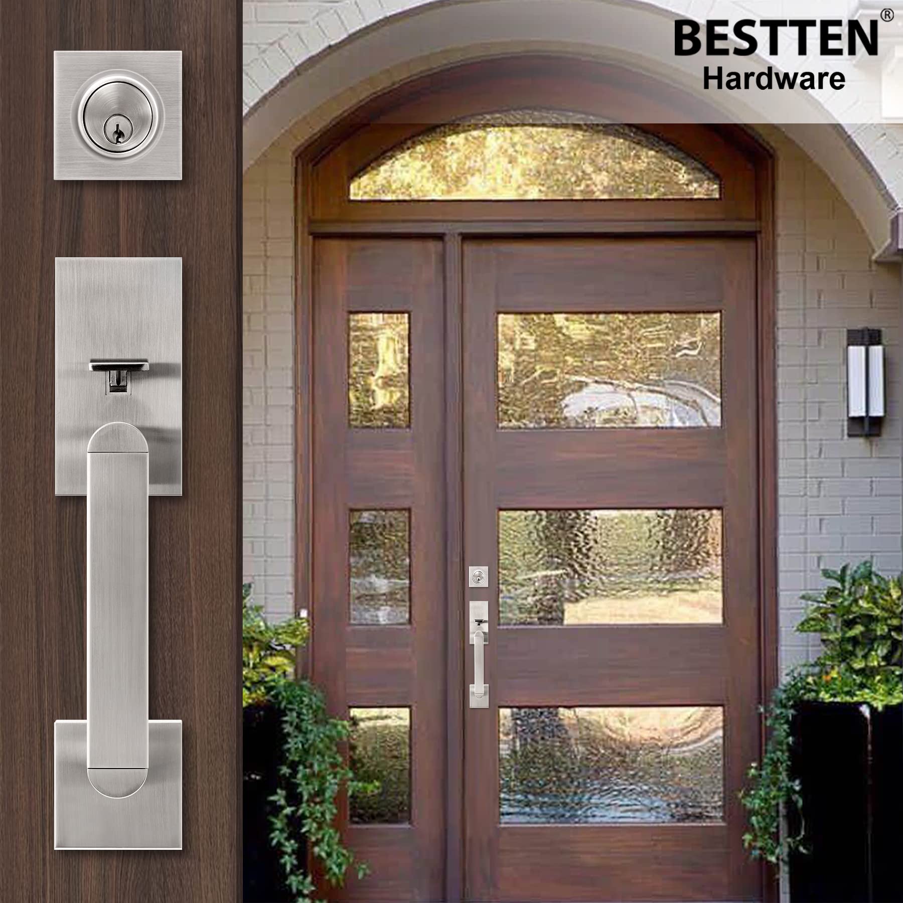 BESTTEN Satin Nickel Front Door Handle and Deadbolt Set - Single Cylinder Deadbolt Lock & Door Lever for Entry Doors - Reversible Right/Left Hand - Secure & Stylish Home Upgrade for Front Doors, Back Doors & Office Entrances