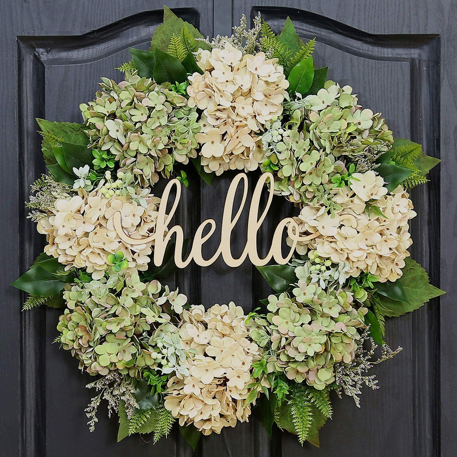 15.75 Inch Artificial Spring Green White Hydrangea Wreath with Hello Sign - Farmhouse Easter Door Decor for Home, Wedding, Party & Window Display (Indoor/Outdoor Use)