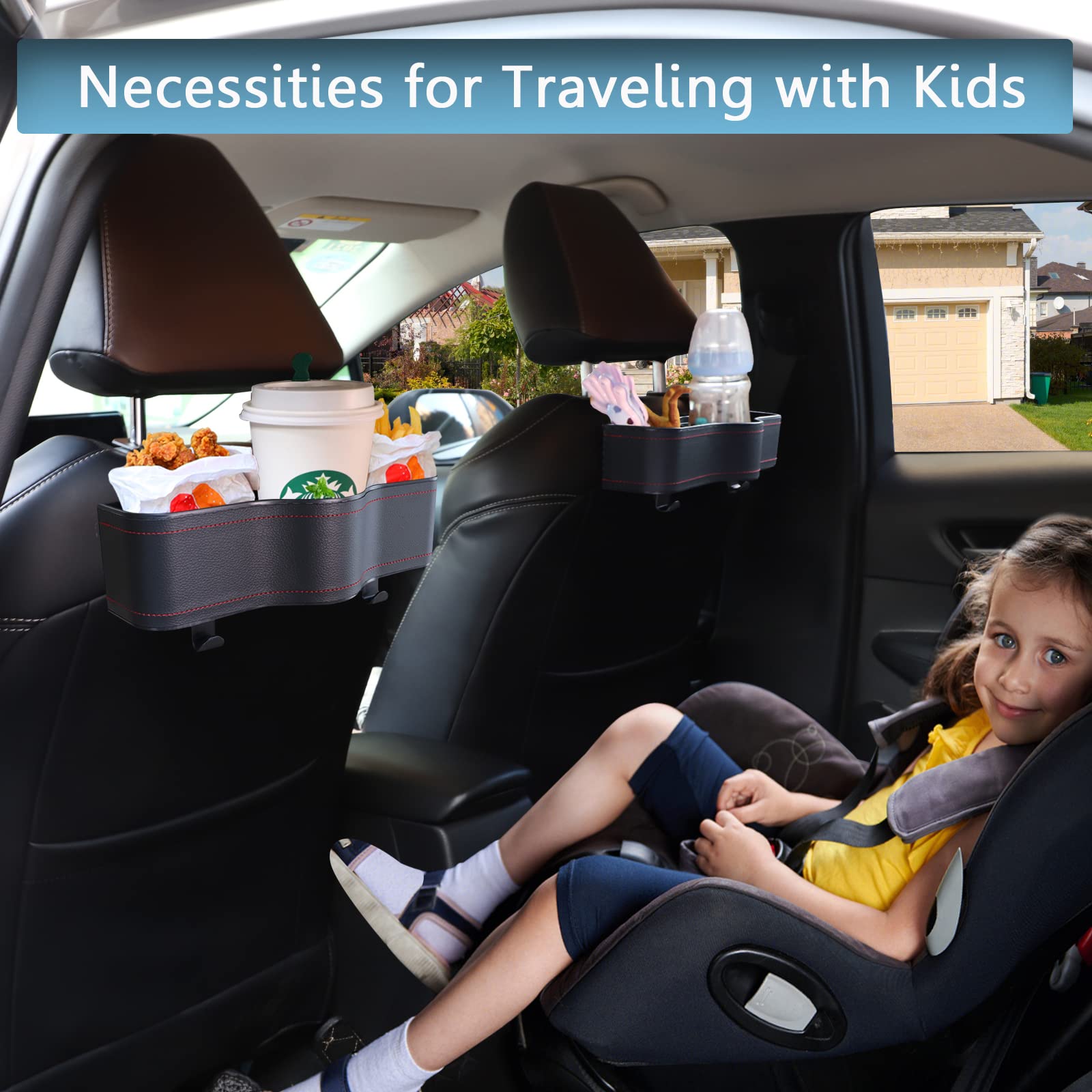 Car Headrest Backseat Organizer with Cup Holders - Multi-Functional Car Organizer for Kids, Food & Travel Accessories - Perfect for Road Trips, Eating in Car & Family Travel