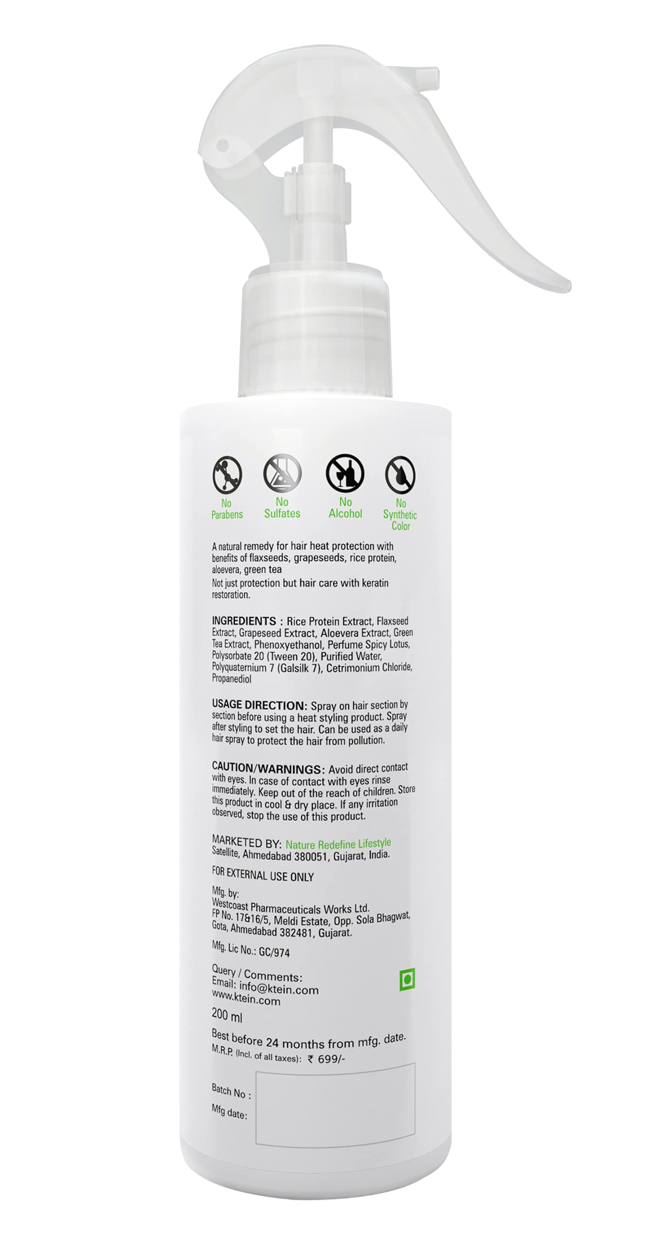 Ktein Natural Hair Heat Protection Spray (HP 200) - Thermal Shield for Styling, Blow Drying & Flat Ironing - Vegan & Cruelty-Free Hair Care for Damaged & Color-Treated Hair