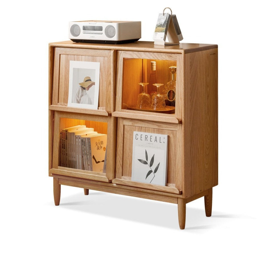 Solid Oak & Cherry Wood 4-Door Bookcase with Built-in Lighting - Modern Bookshelf for Living Room, Office, or Library - Perfect for Storing Books, Magazines, and Decorative Items
