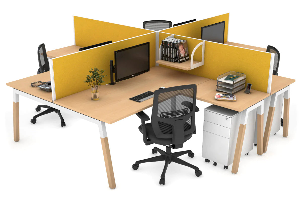 Quadro Wood A Legs Cross Beam 4-Person Corner Workstation Desk - 1600L x 1800W with Cable Management Scallop - Perfect for Office, Home Workspace & Collaborative Environments
