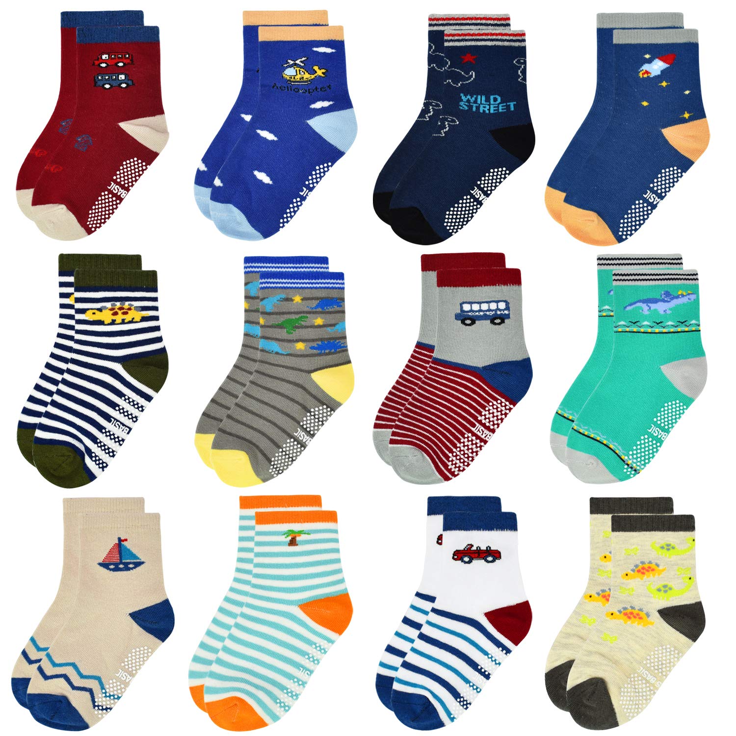 12 Pairs Non-Slip Toddler Socks with Grips - Cotton Anti-Skid Ankle Crew Socks for Boys & Girls (1-7 Years) - Perfect for Playtime, School & Indoor Activities
