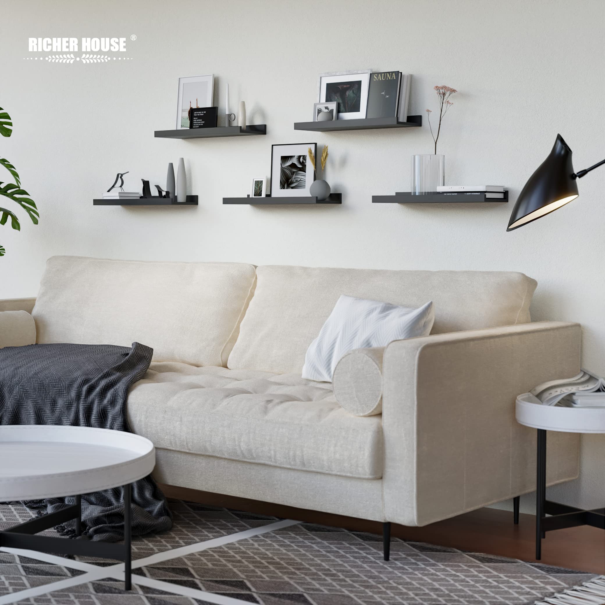 RICHER HOUSE 5-Piece Floating Wall Shelves Set - Black Modern Picture Ledge with Lip for Storage | Wall Decor for Nursery, Bedroom, Living Room & Bathroom - Perfect for Displaying Photos, Books & Decorative Items
