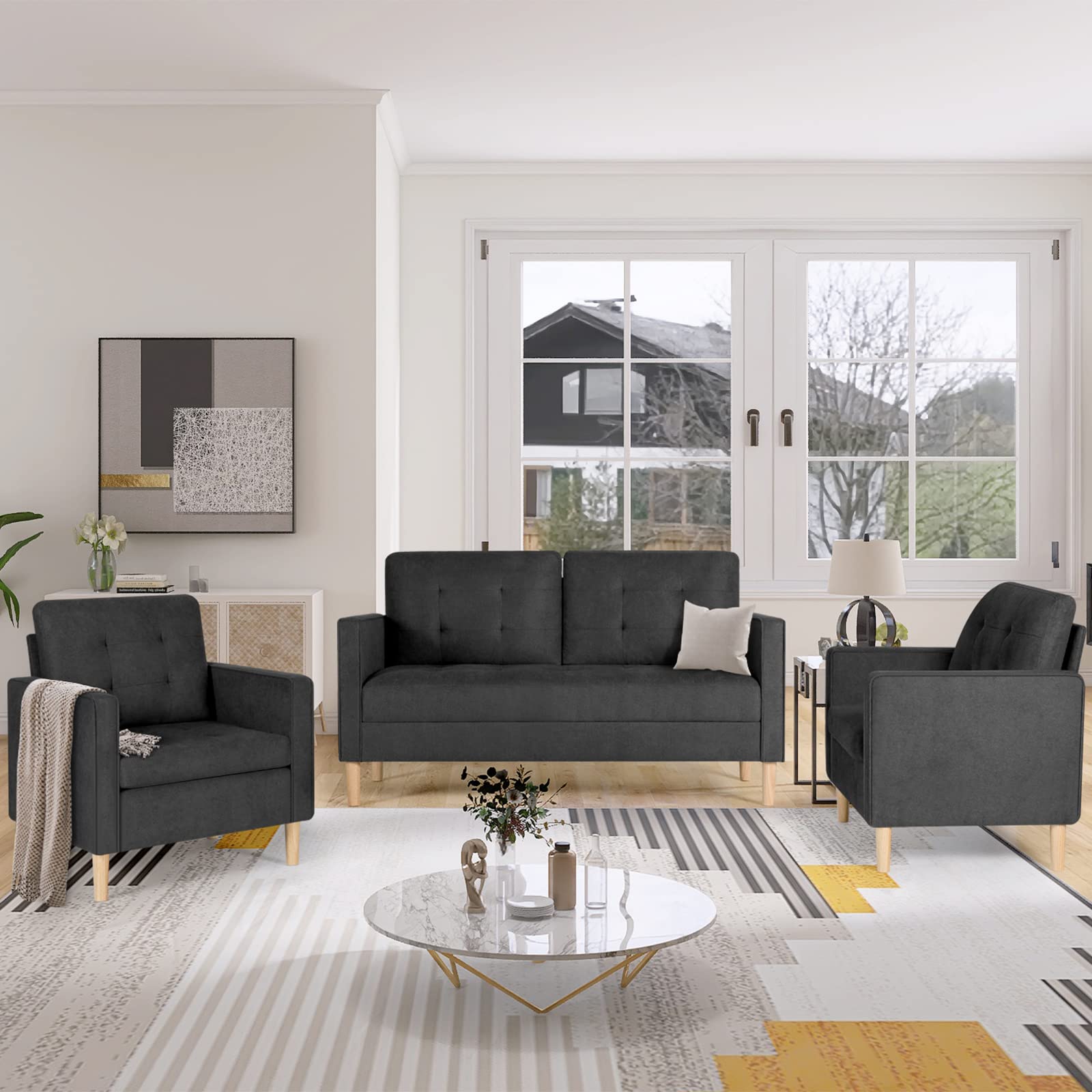 3-Piece Grey Sofa Set for Small Living Room - 1 Loveseat + 2 Accent Chairs, Modern Sectional Couch for Office & Home Decor | Compact Space-Saving Furniture for Apartments, Dorms and Cozy Spaces