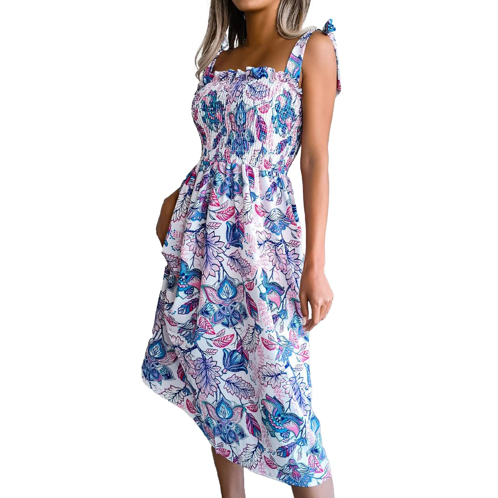Boho Floral Print Women's Summer Dress - A-Line Long Midi Swing Dress with Tie Straps | Perfect for Beach Vacations, Music Festivals & Casual Outings